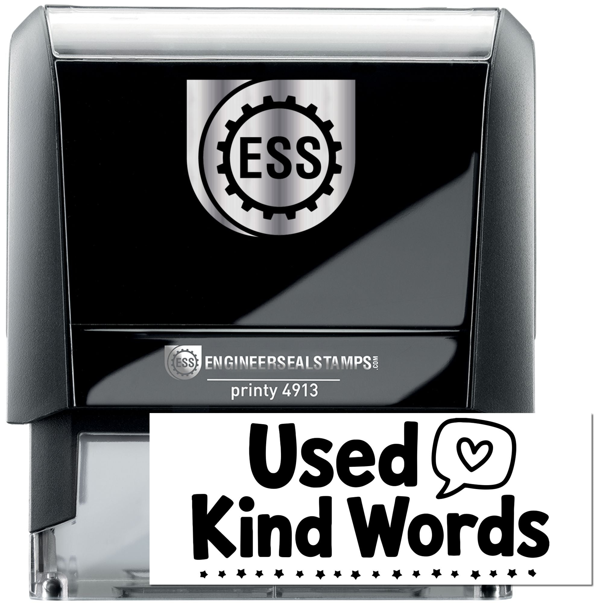 Black and silver self-inking stamp and seal with ESS logo and Used Kind Words design.