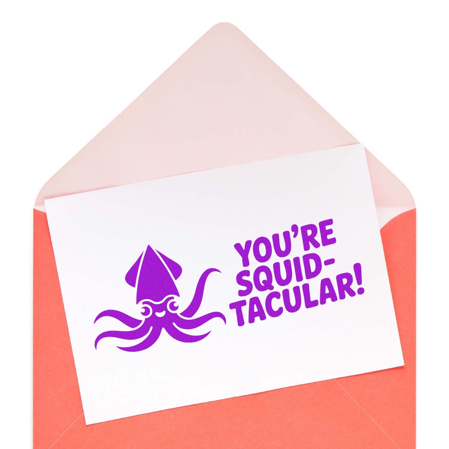 Purple squid-tacular stamp and seal on white card in coral envelope, with playful octopus graphic and bold violet text.