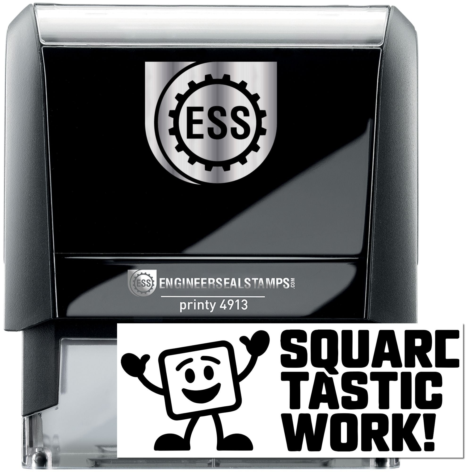 Black and silver self-inking ESS engineer seal stamp with Printy 4913 branding and Square Tastic Work logo