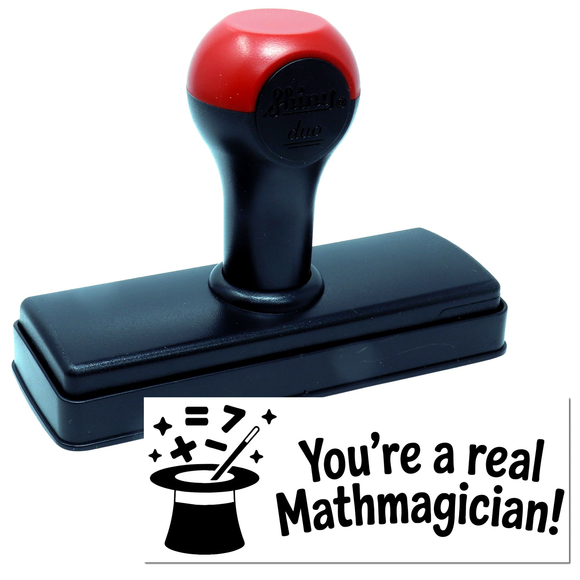 Red and black self-inking stamp and seal set with a seal impression reading Youre a real Mathmagician!