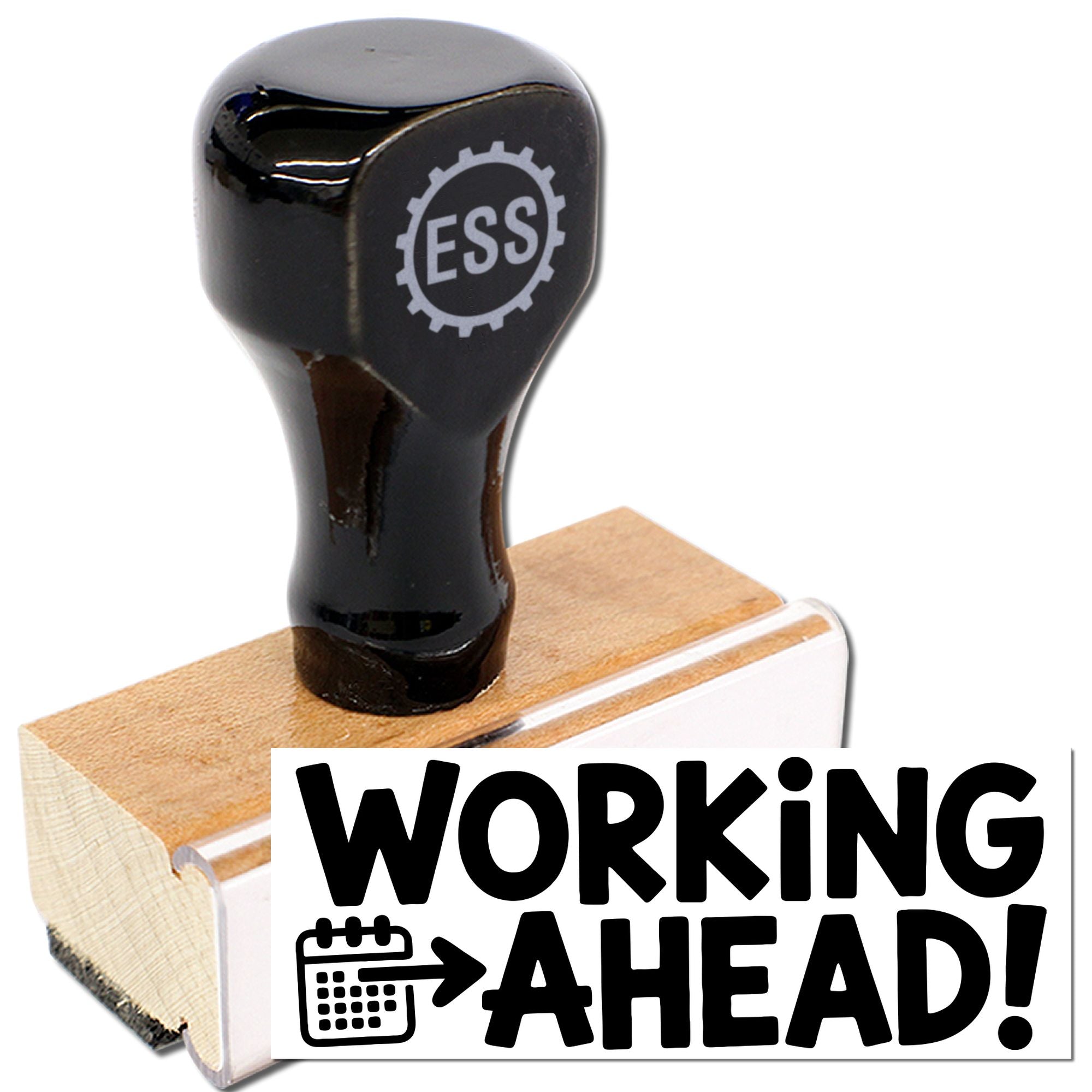 Black ESS stamp and seal on a wooden handle with bold WORKING AHEAD! imprint