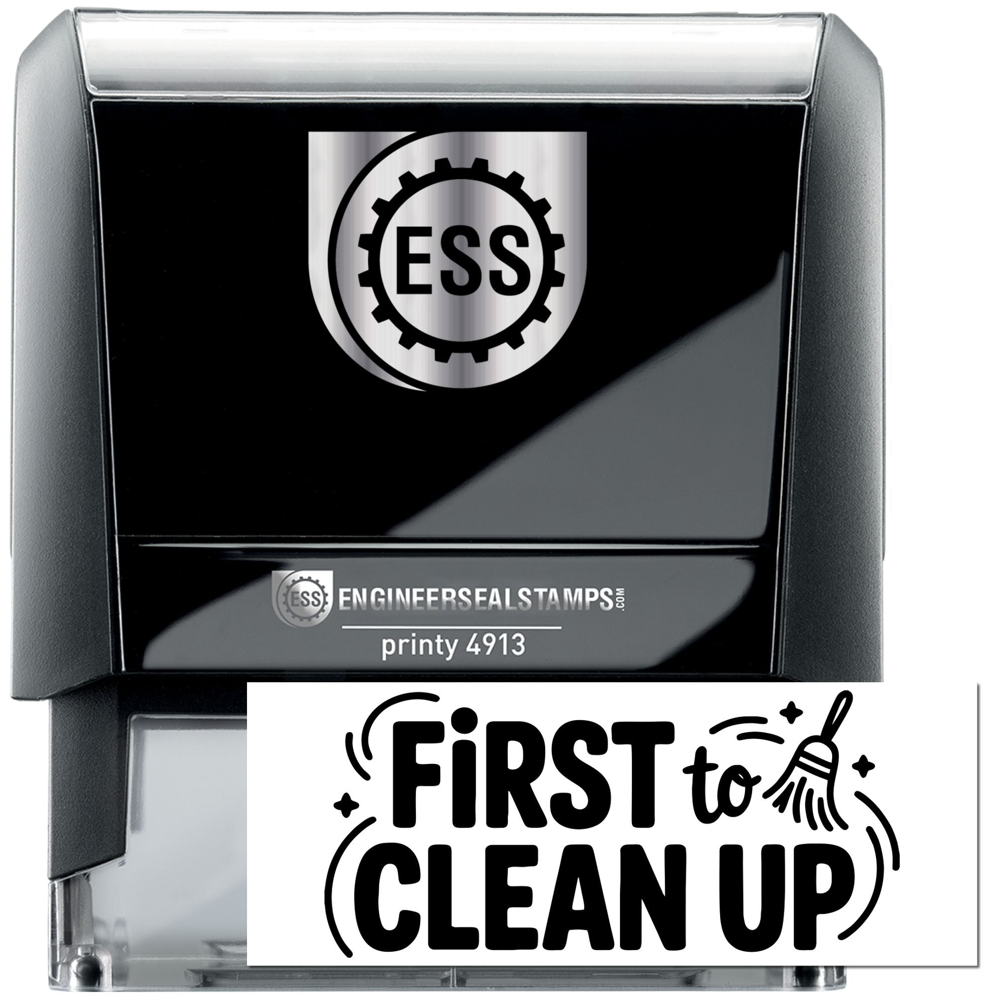 Black self-inking ESS stamp and seal with silver trim and First to Clean Up design.