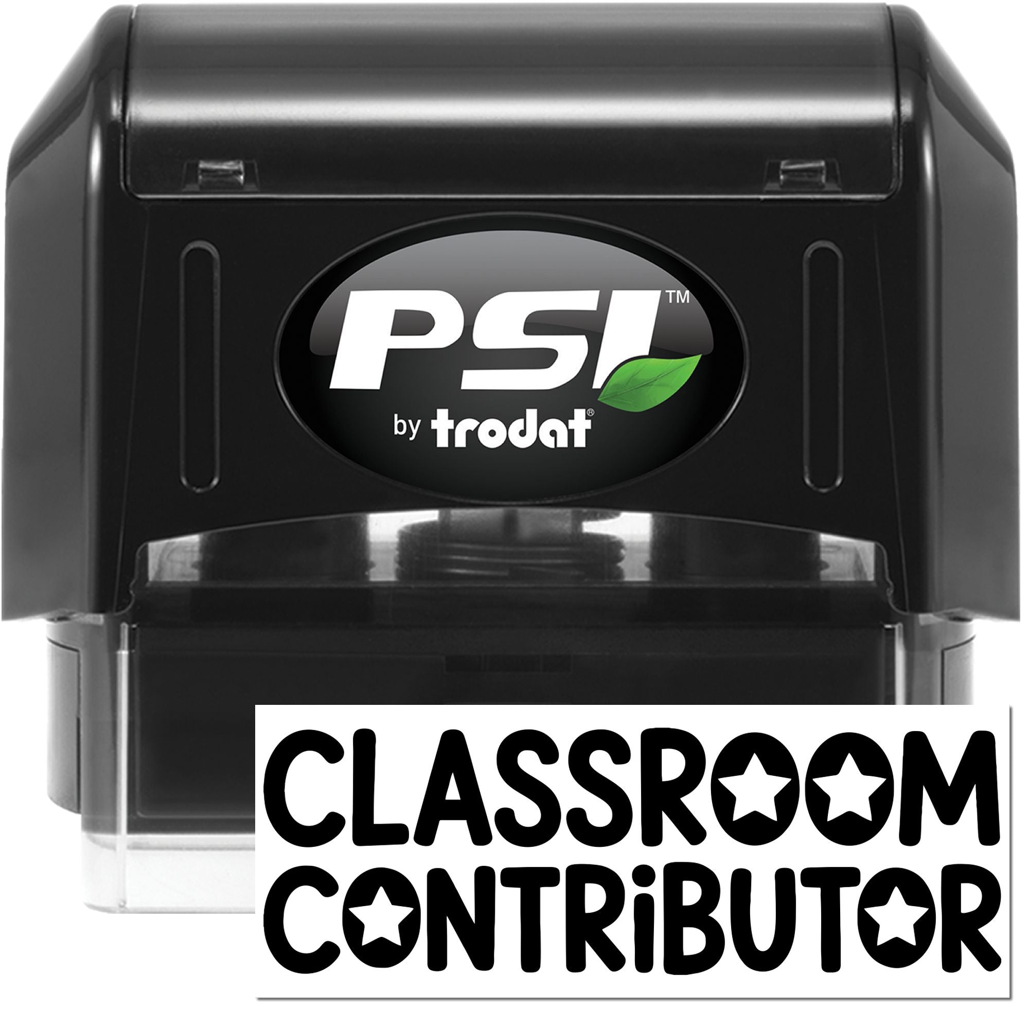 Black PSI by Trodat black self-inking classroom contributor stamp and seal with green leaf logo and clear base