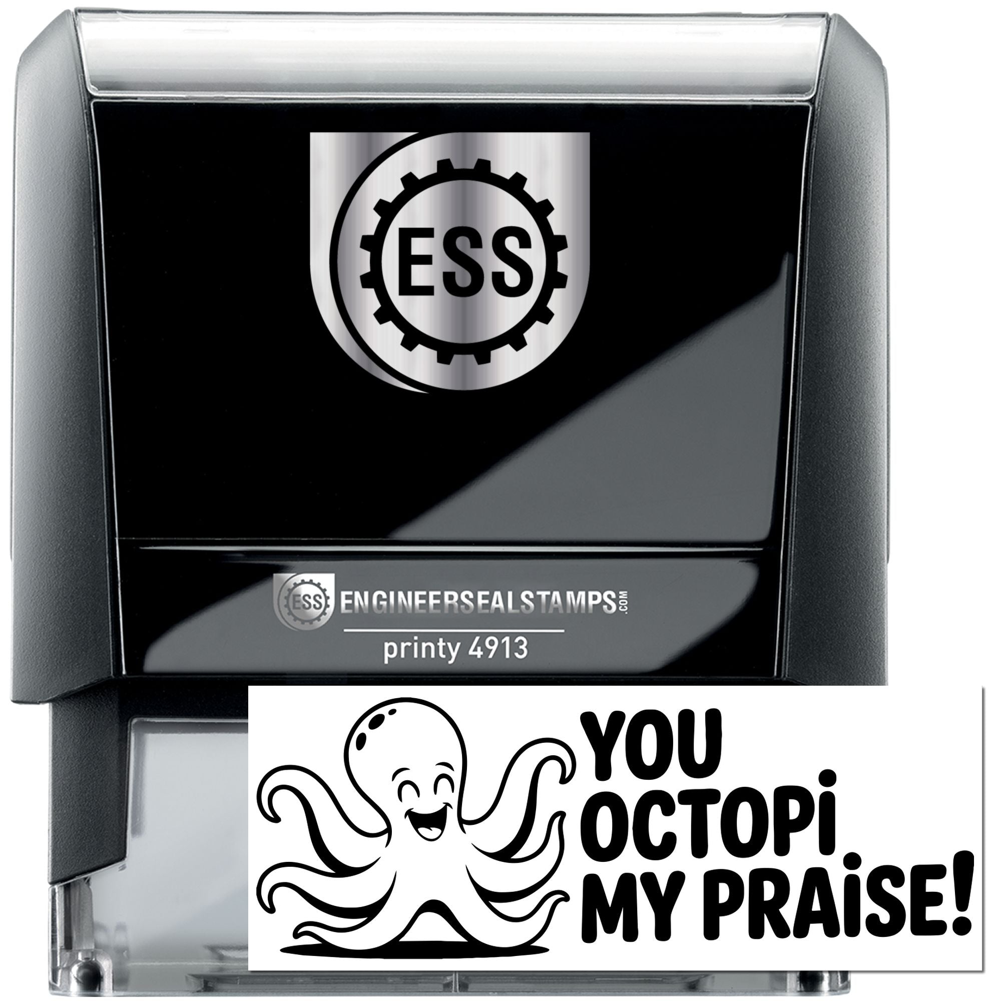 Black and silver ESS self-inking engineer seal stamp with octopus You Octopi My Praise! insert