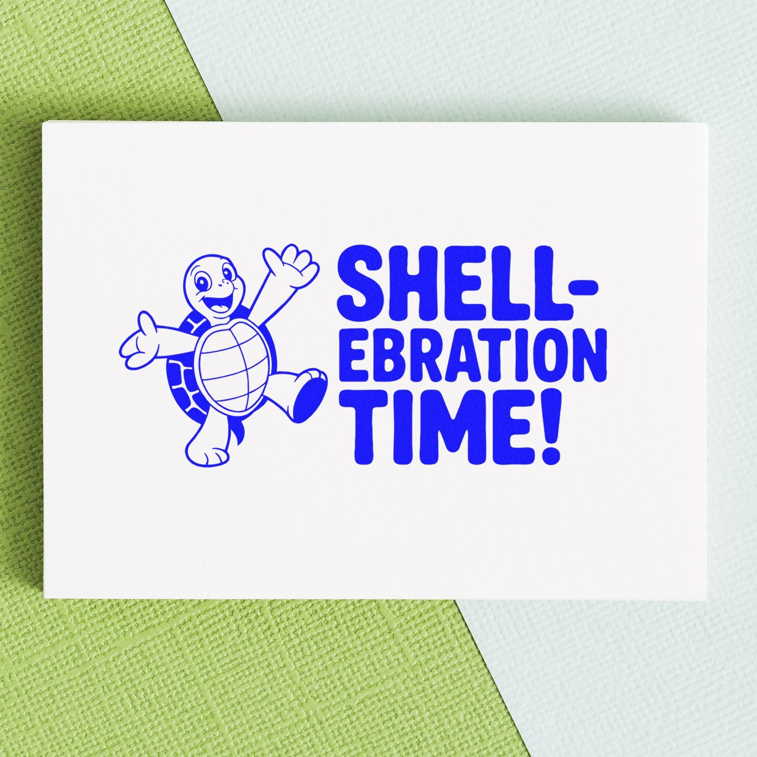 Blue Shell-ebration Time turtle stamp and seal on white card with green and white textured background