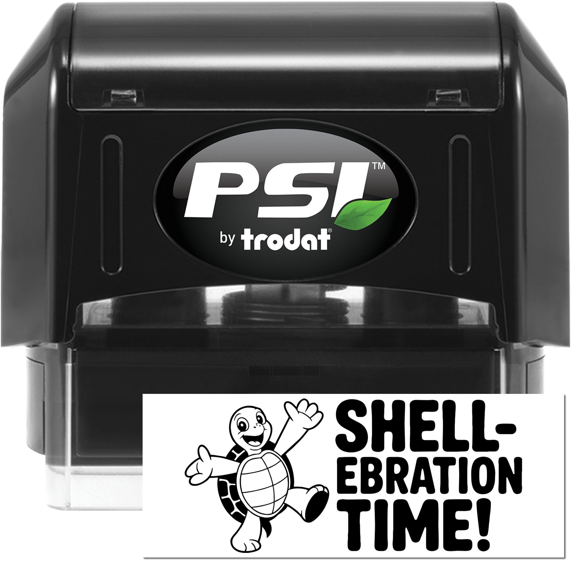 Black PSI by Trodat self-inking stamp with green leaf logo and white seal card reading Shell-ebration Time with a cartoon turtle.