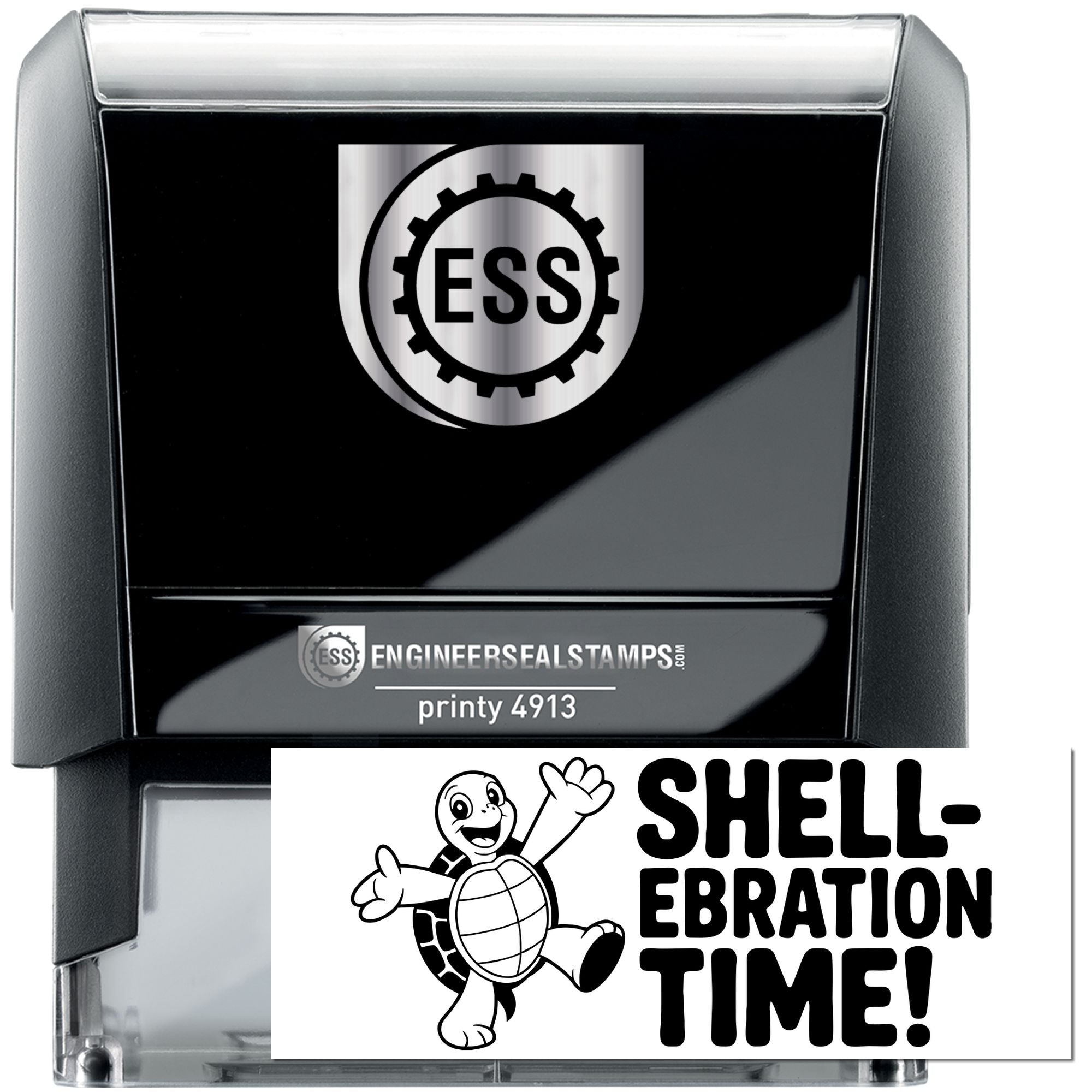 Black and gray self-inking engineer seal stamp with ESS gear logo and white Shell-Ebration Time stamp insert.