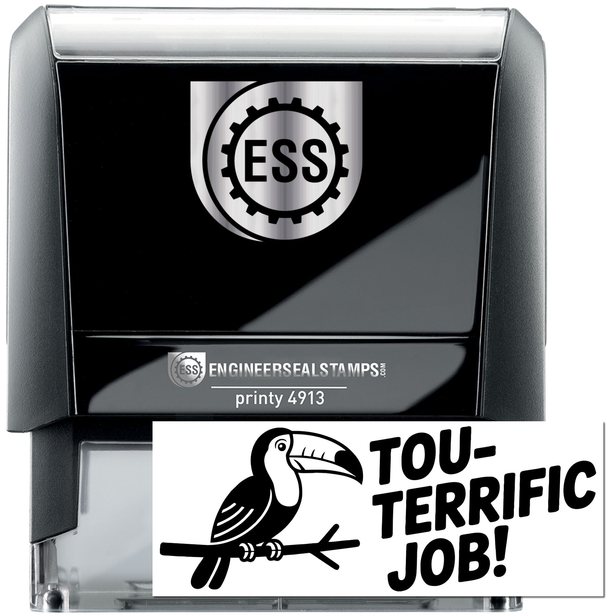 Black self-inking stamp and seal products with silver ESS gear logo and Toucan Terrific Job seal insert