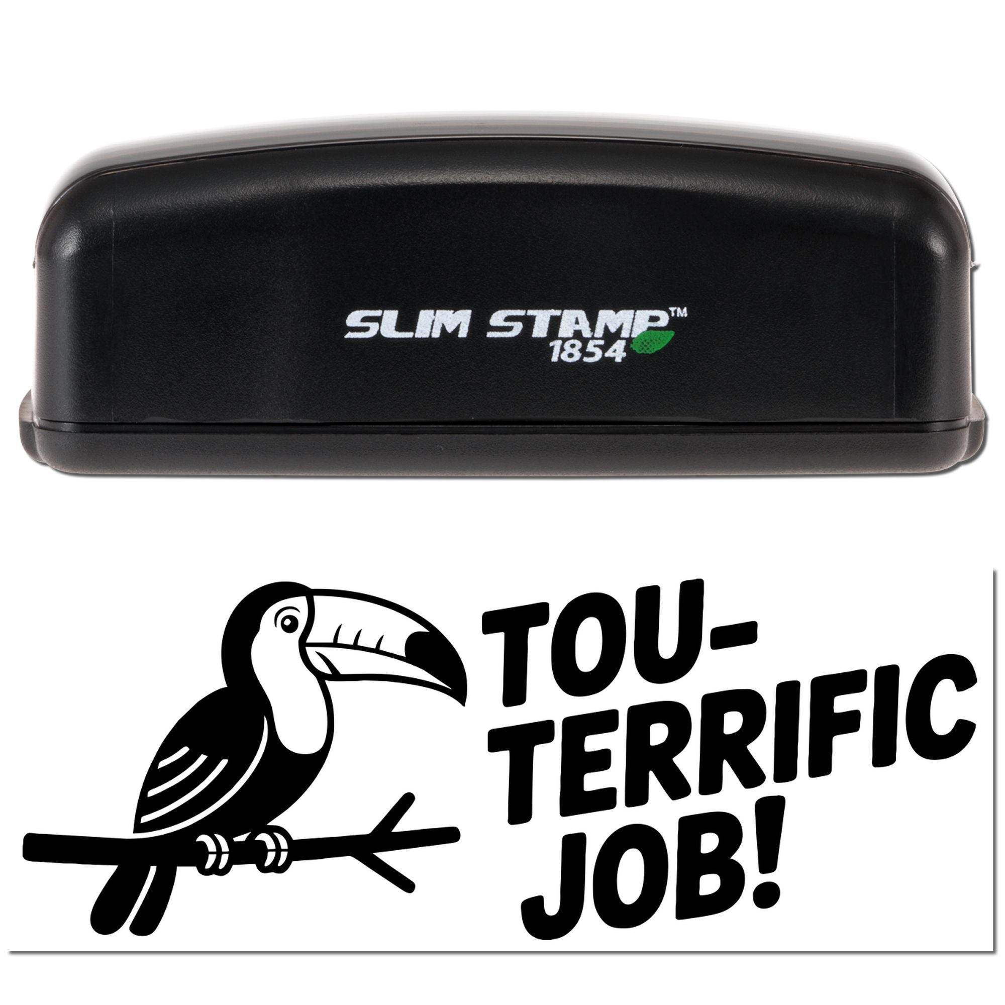 Black Slim Stamp 1854 self-inking stamp with custom Toucan Territory Job seal design in bold black and white.