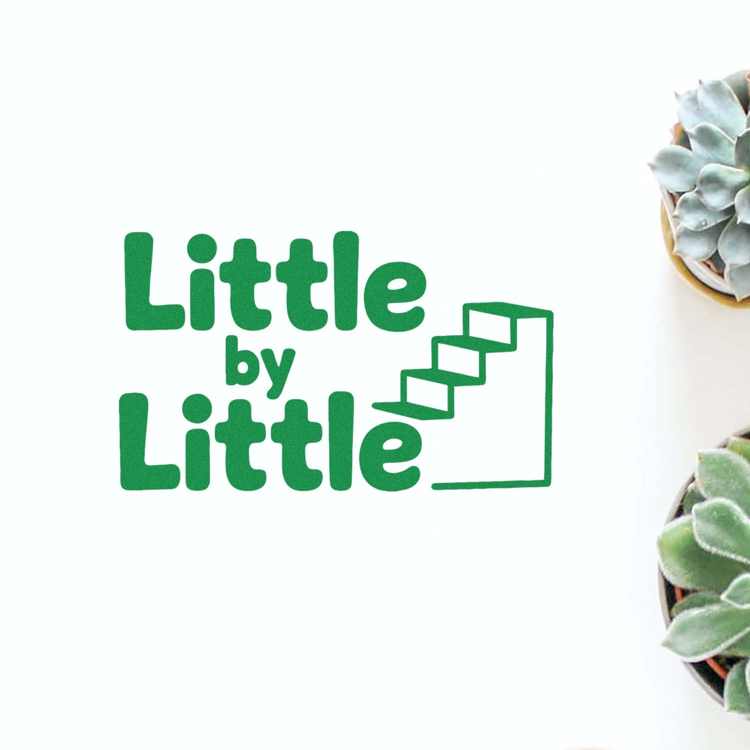 Green Little by Little stamp and seal logo with staircase icon on white background, succulents at right