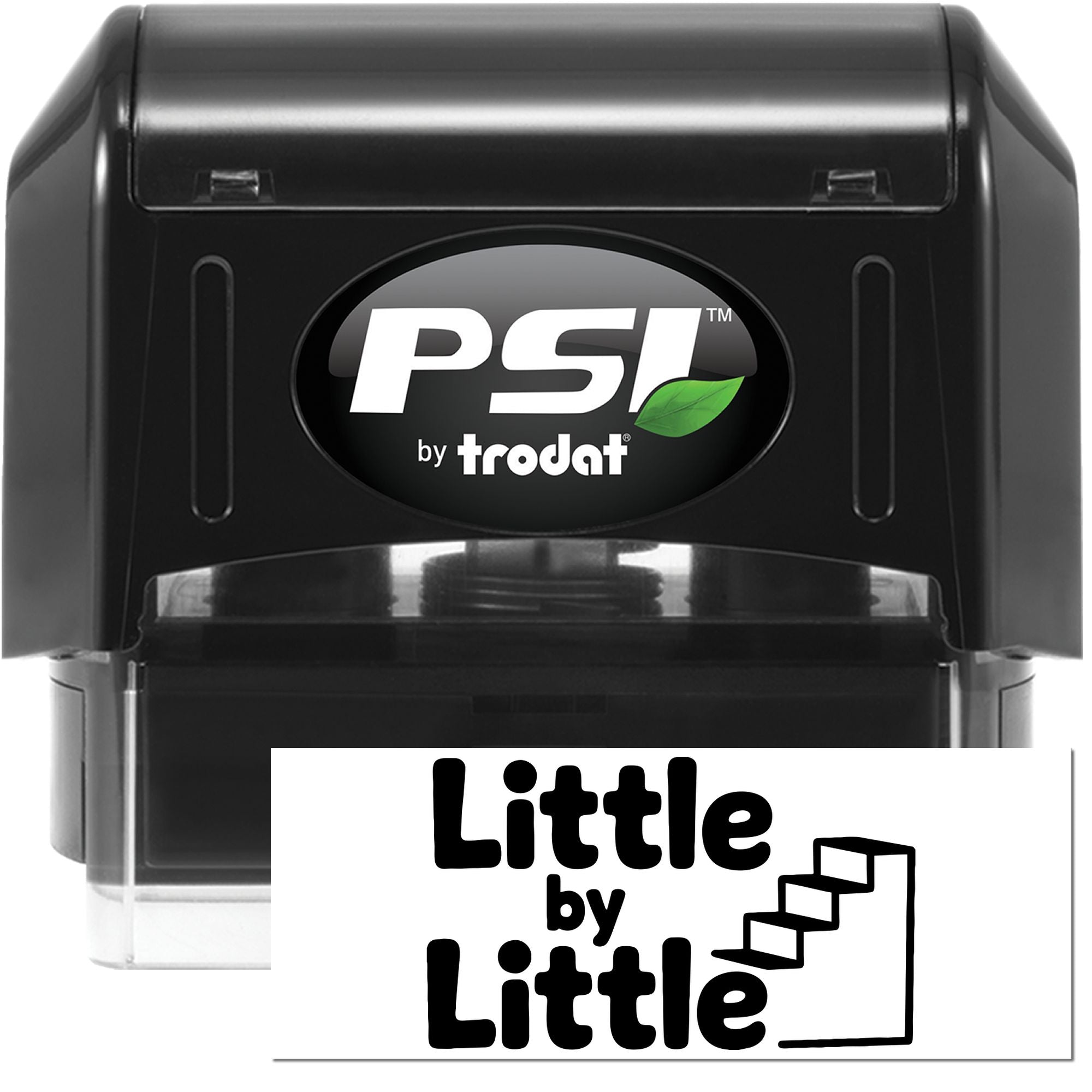 Black PSI by Trodat self-inking stamp and Little by Little seal with white lettering, green leaf logo, and clear base.