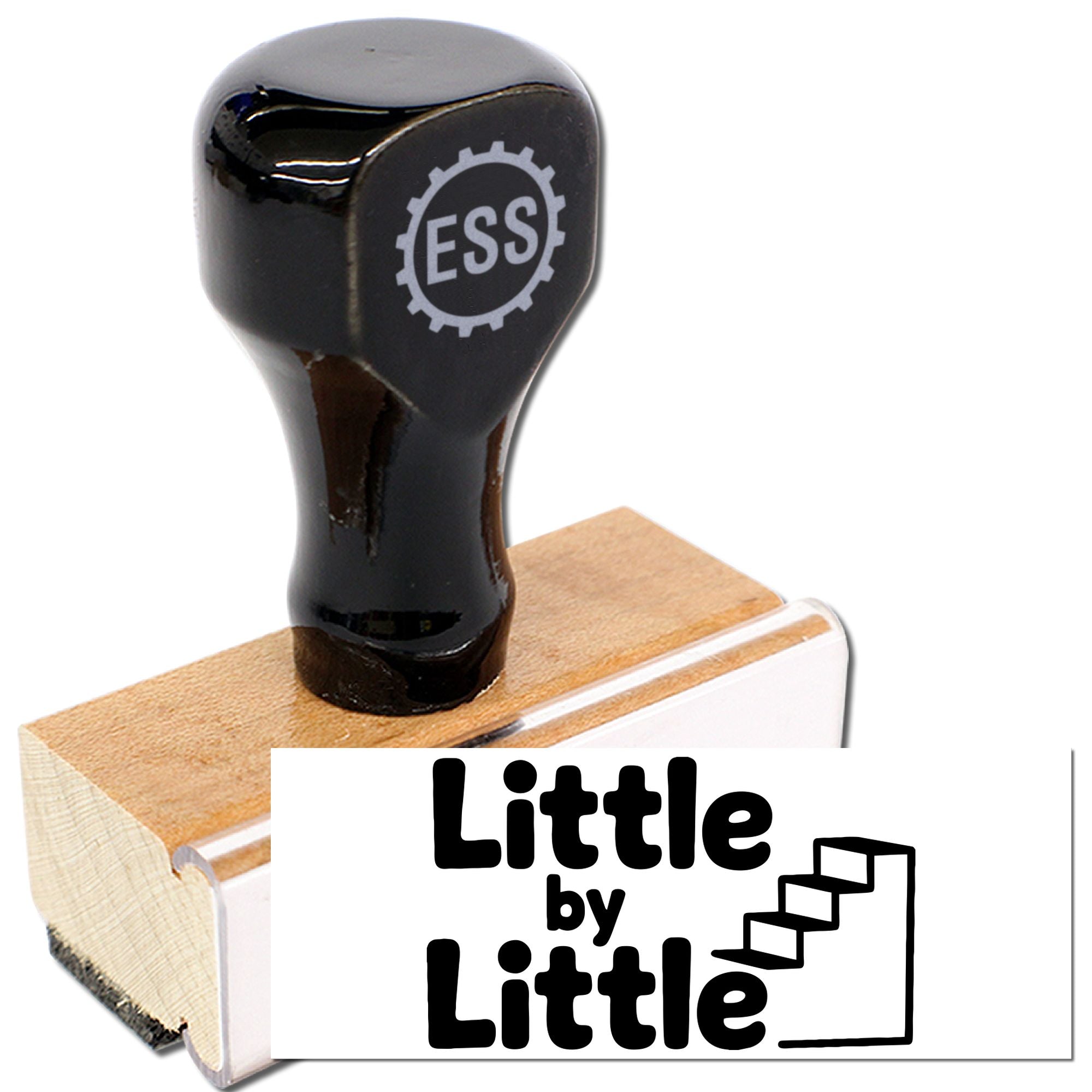 Black custom rubber stamp and seal with ESS emblem on wooden base, showing Little by Little logo in black and white.