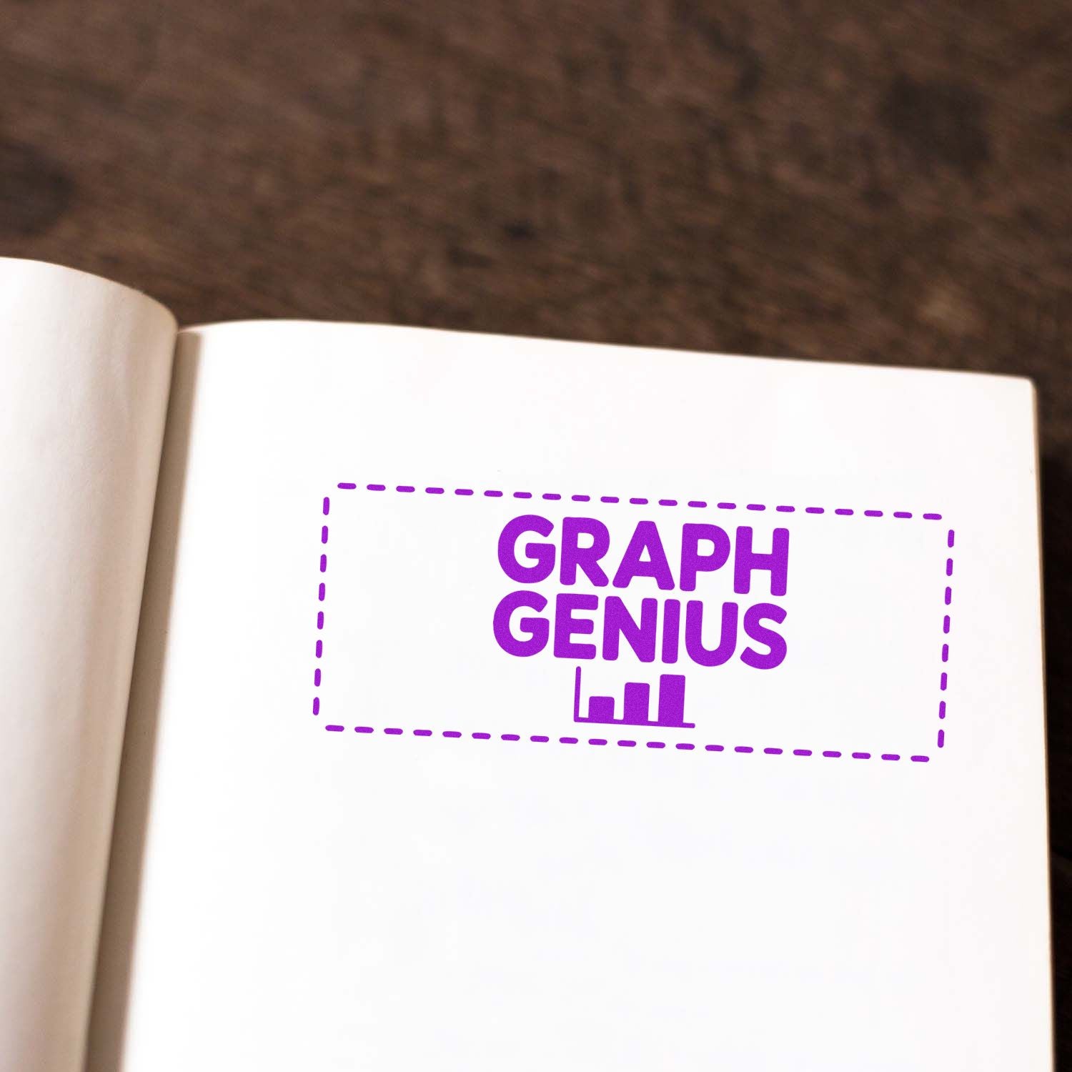 Purple Graph Genius stamp seal with dashed border on white page, featuring bold purple text and bar chart icon.