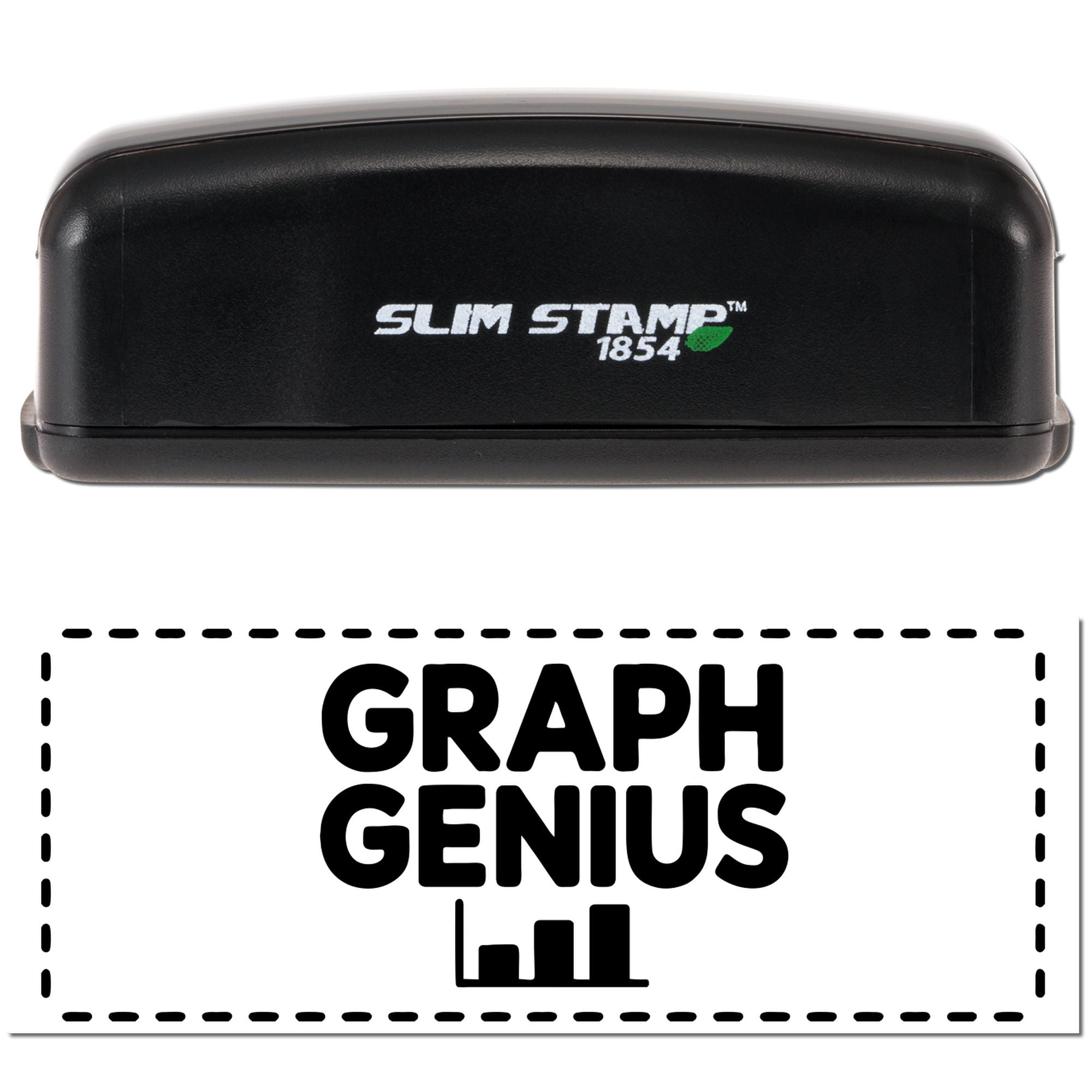 Black Slim Stamp 1854 self-inking stamp with white logo, shown above a bold GRAPH GENIUS seal graphic in black on white.