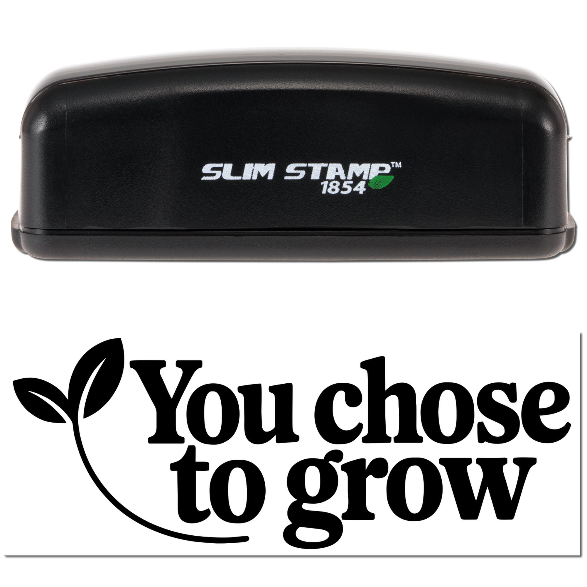 Black Slim Stamp 1854 self-inking stamp and seal with white logo text and green leaf on a white background
