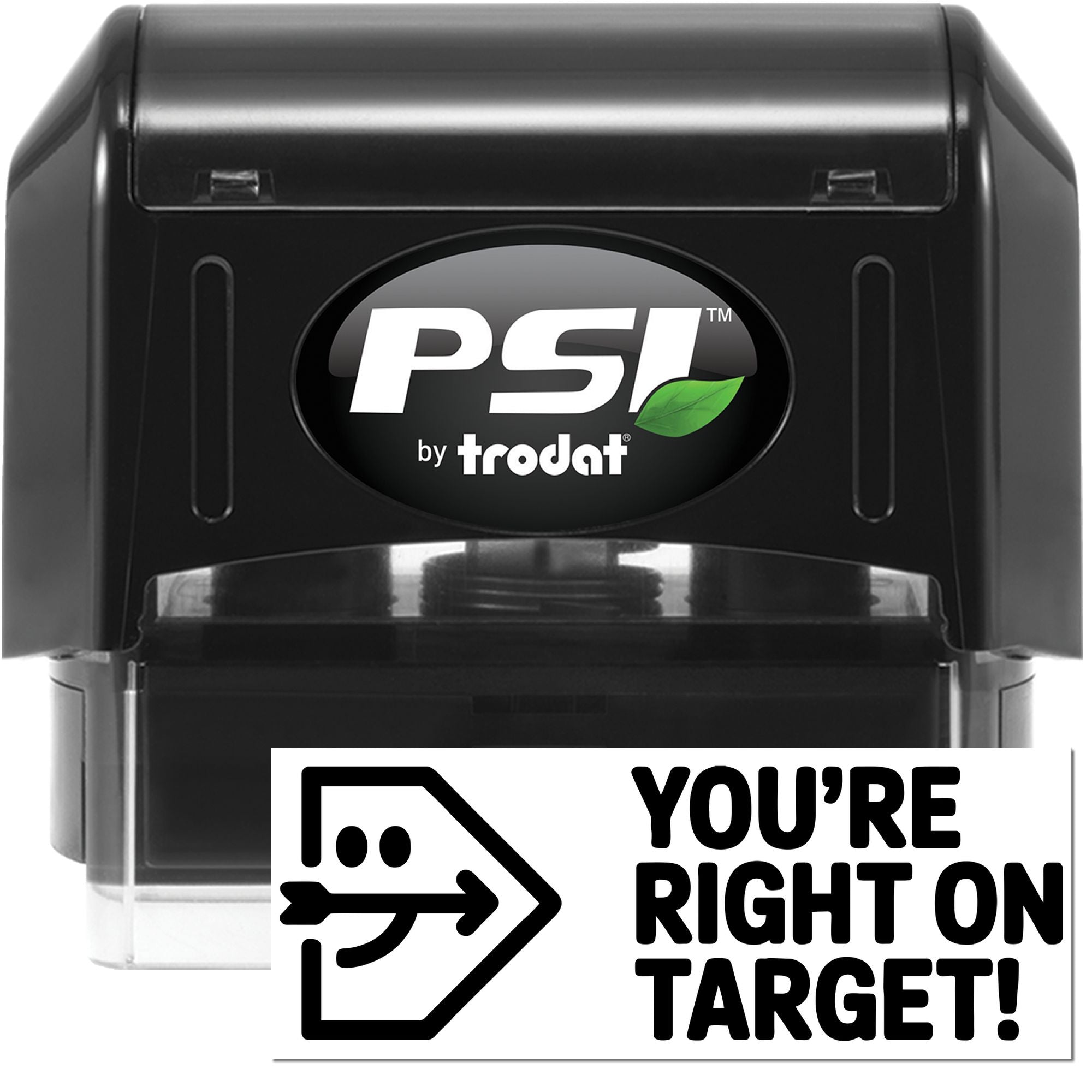Black PSI by Trodat self-inking stamp and seal, black with green leaf logo and Youre Right on Target! text.