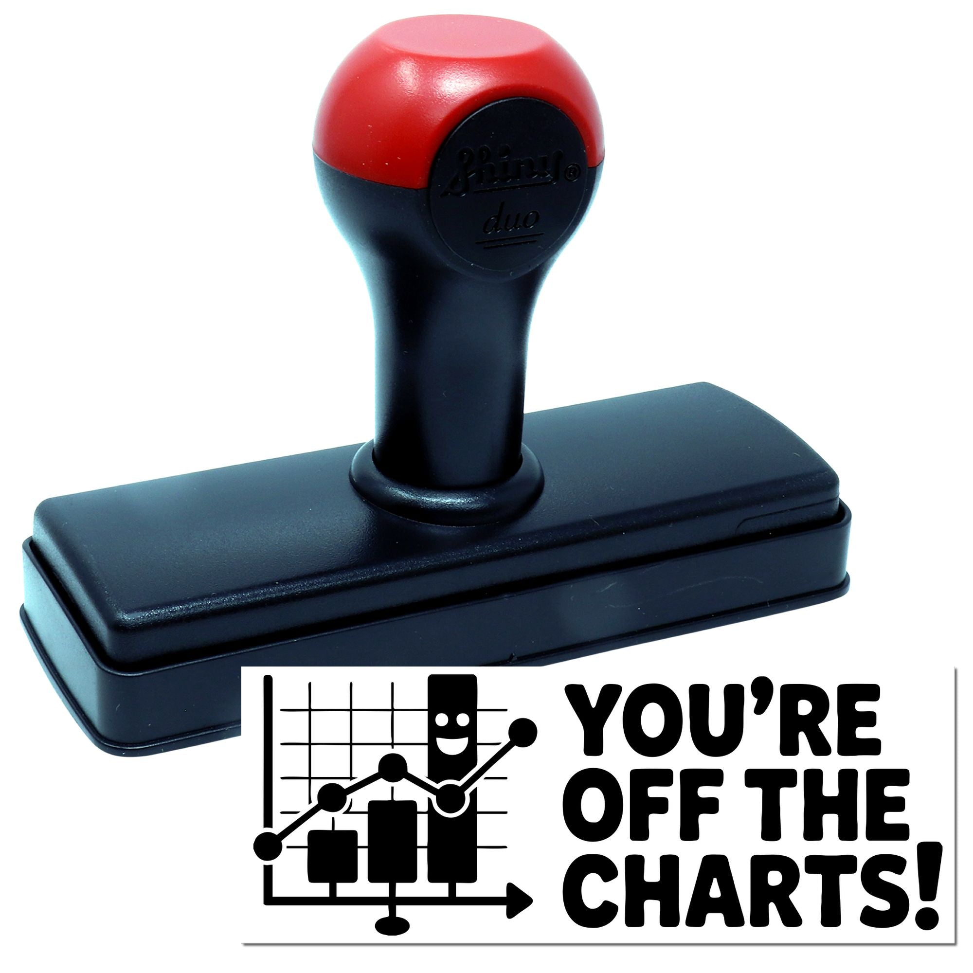 Red and black self-inking stamp with rectangular base and Youre off the charts! chart seal graphic.