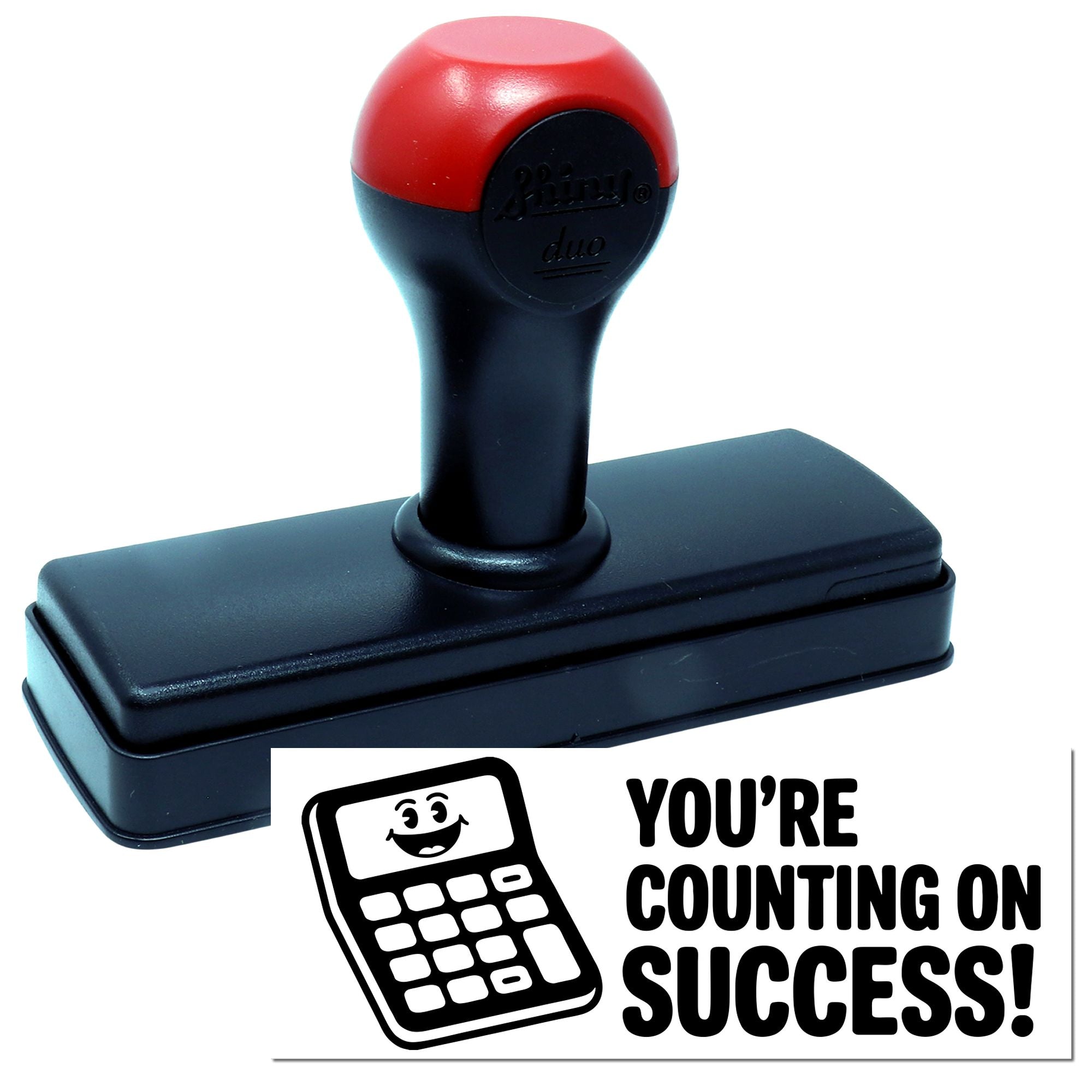 Red and black self-inking stamp and seal with rectangular base and Youre counting on success! branding.