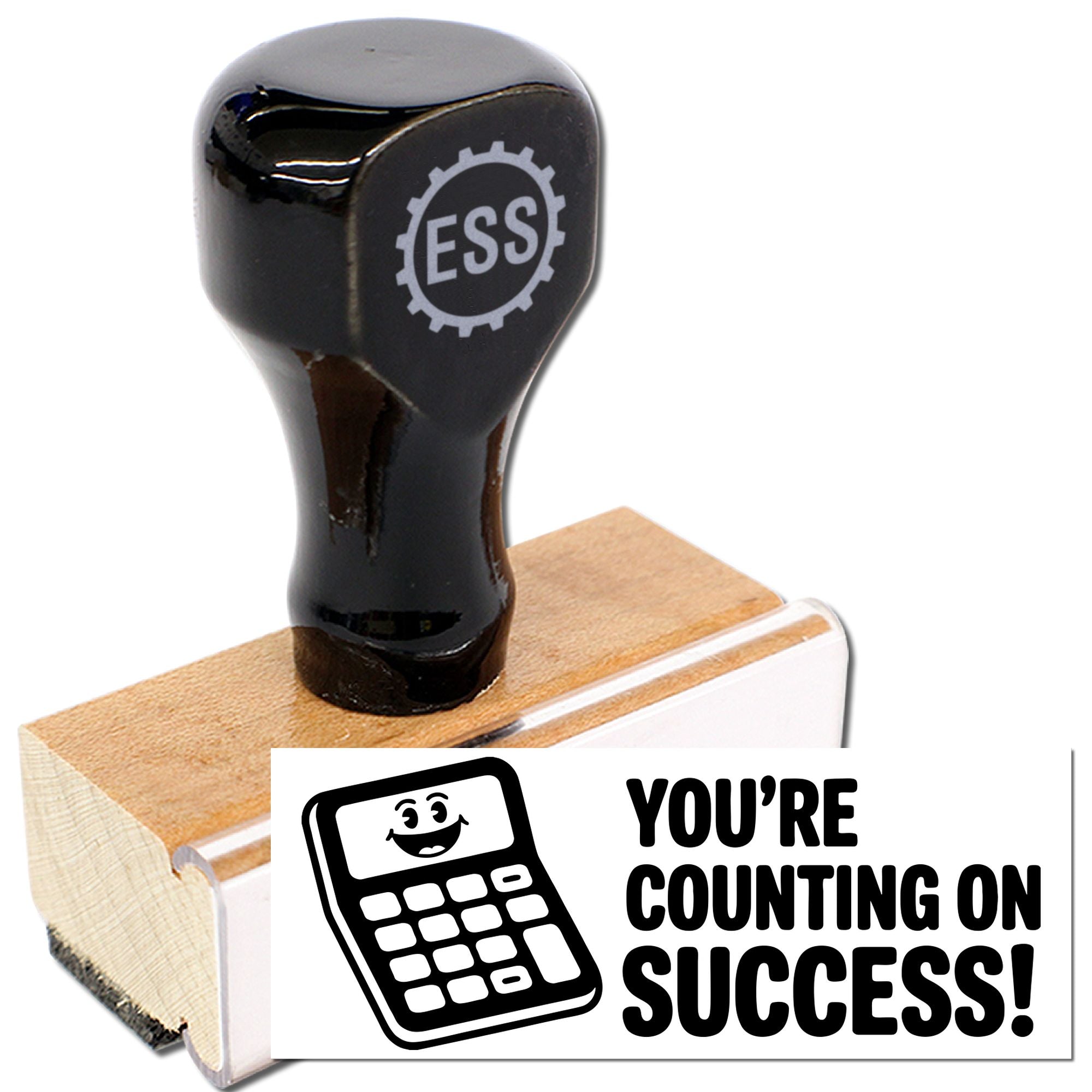 Black ESS rubber stamp and seal on wooden base with calculator icon and Youre counting on success! text.