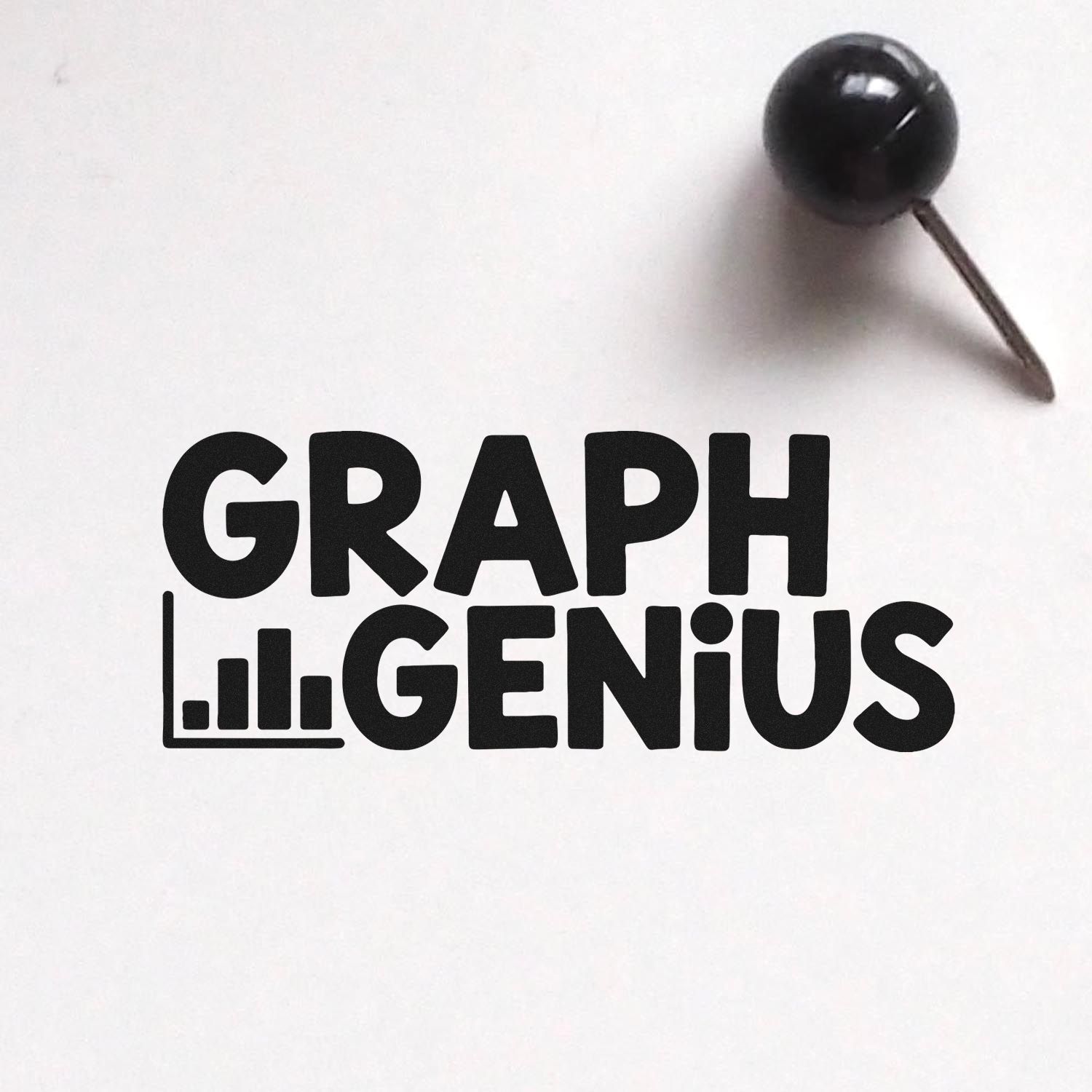 Black GRAPH GENIUS stamp and seal logo with bar chart icon on white background, plus glossy black seal pin.