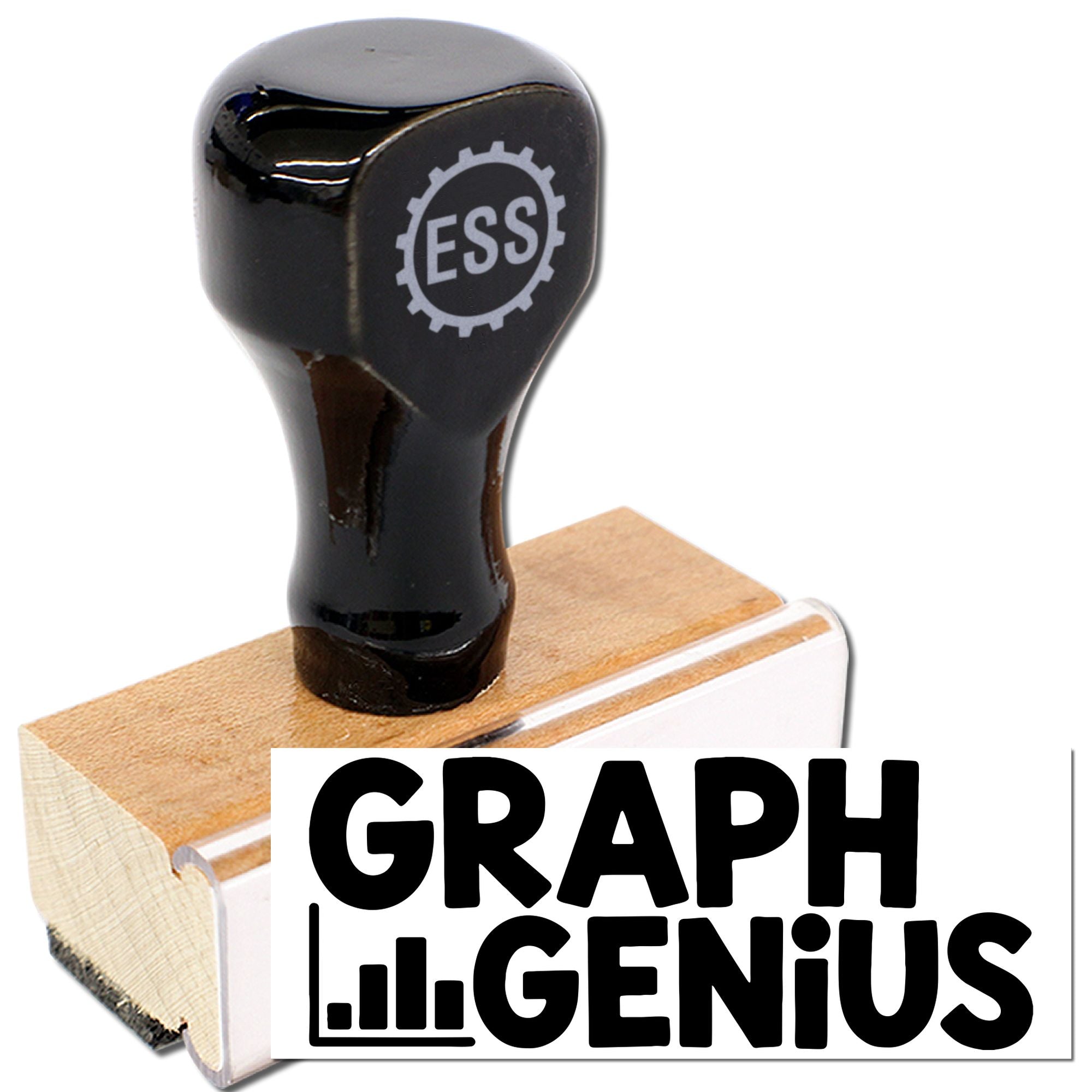 Black rubber stamp on wooden base with GRAPH GENIUS logo, featuring stamp and seal products