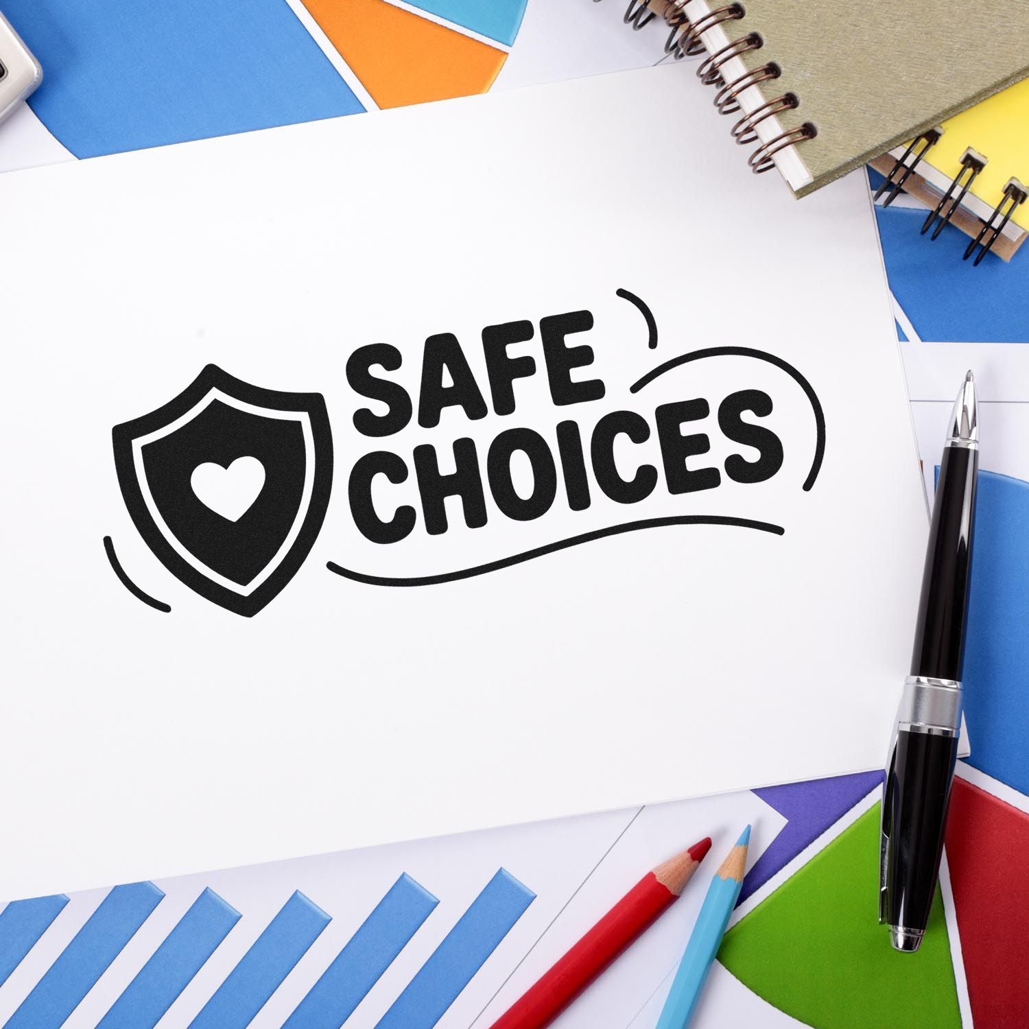 Black Safe Choices stamp seal with heart shield icon on white paper, surrounded by colorful notebooks, pens, and pencils.