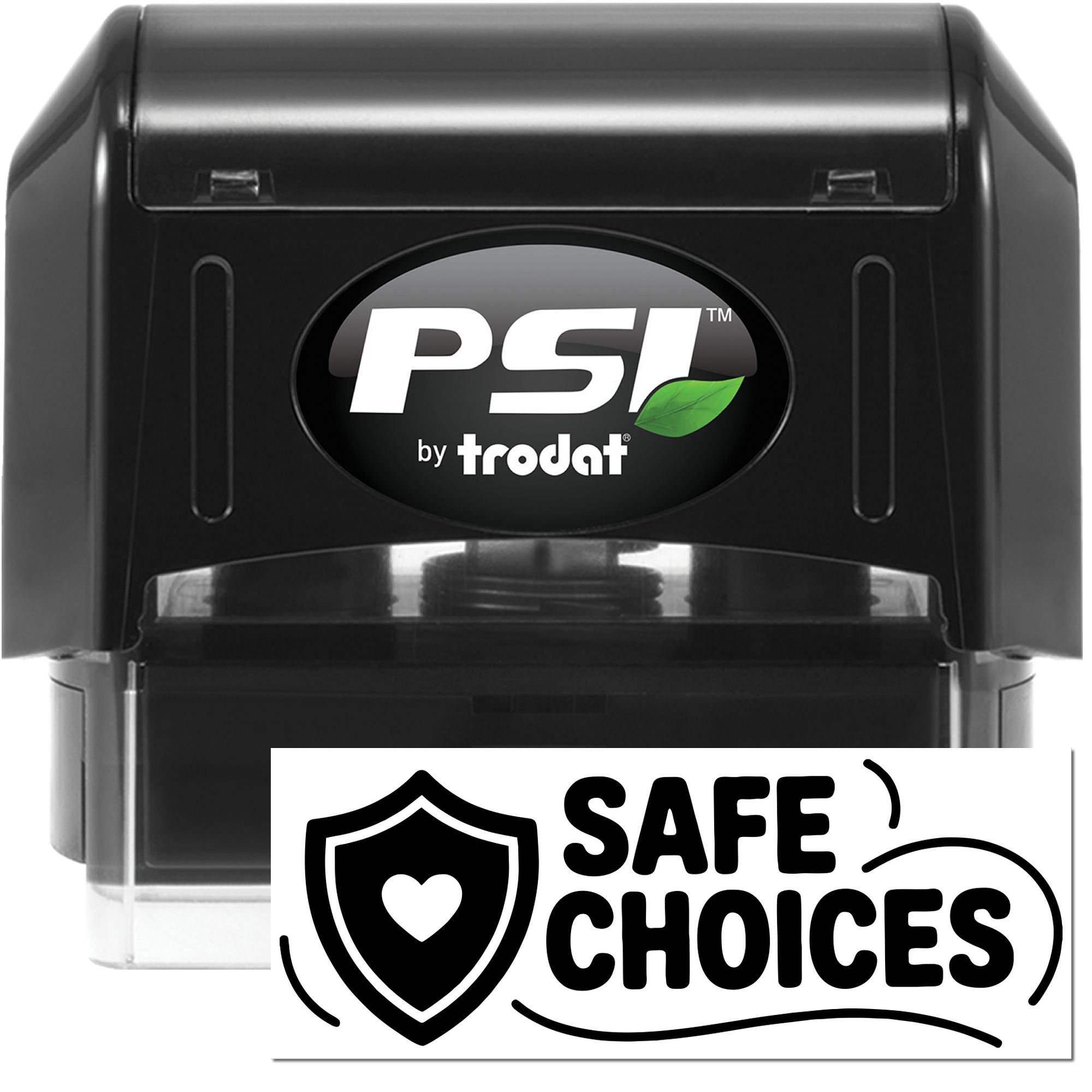 Black PSI by Trodat self-inking stamp and seal in black with green leaf logo and Safe Choices label.
