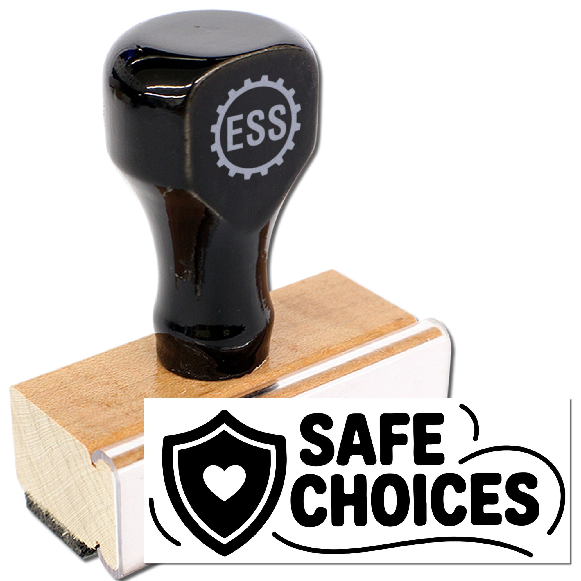 Black rubber stamp with ESS logo on a wooden base, showing a white Safe Choices shield-and-heart seal.