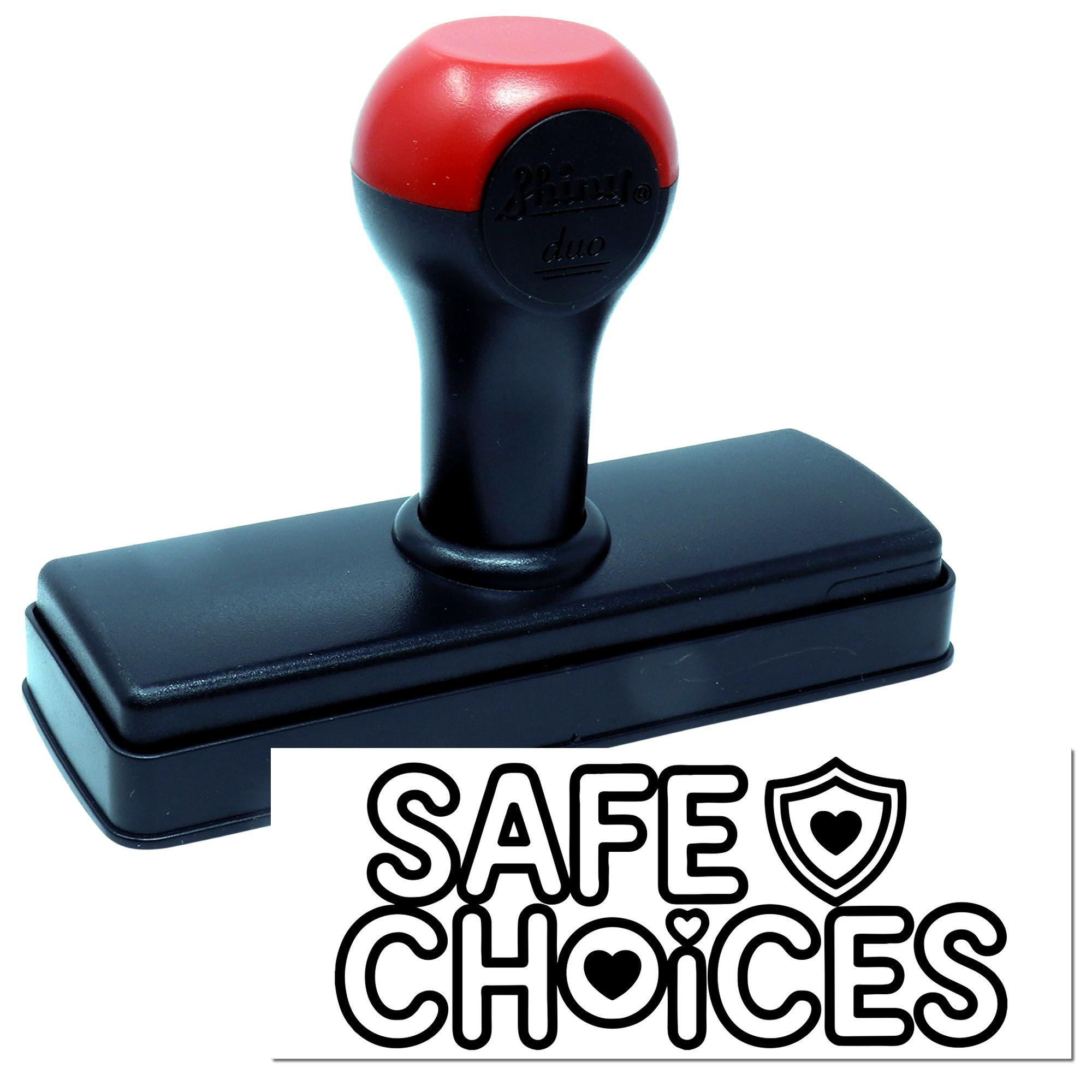 Red-and-black self-inking stamp with a Safe Choices seal and heart icon.