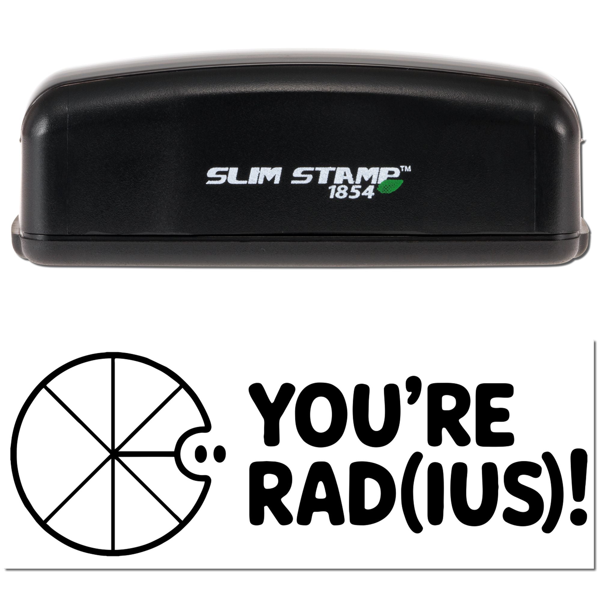 Black Slim Stamp 1854 stamp and seal with Youre rad(ius)! black-and-white design and green leaf logo.