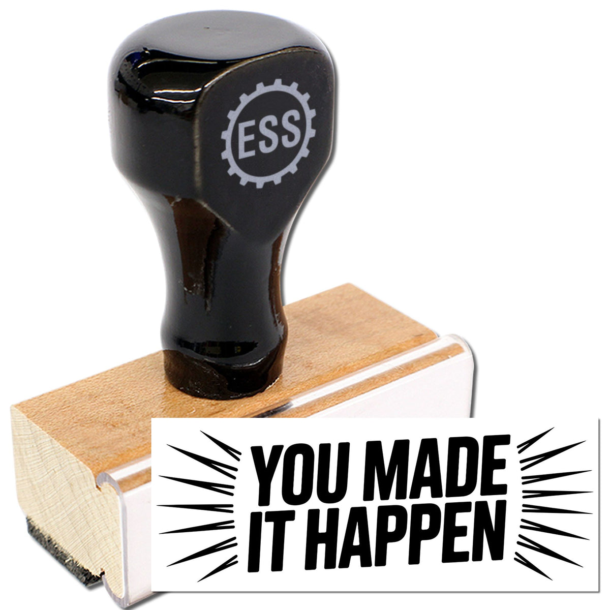 Black Acorn wood handle classroom reward stamp featuring "This Work Is Awesome" text on the rubber stamp surface.