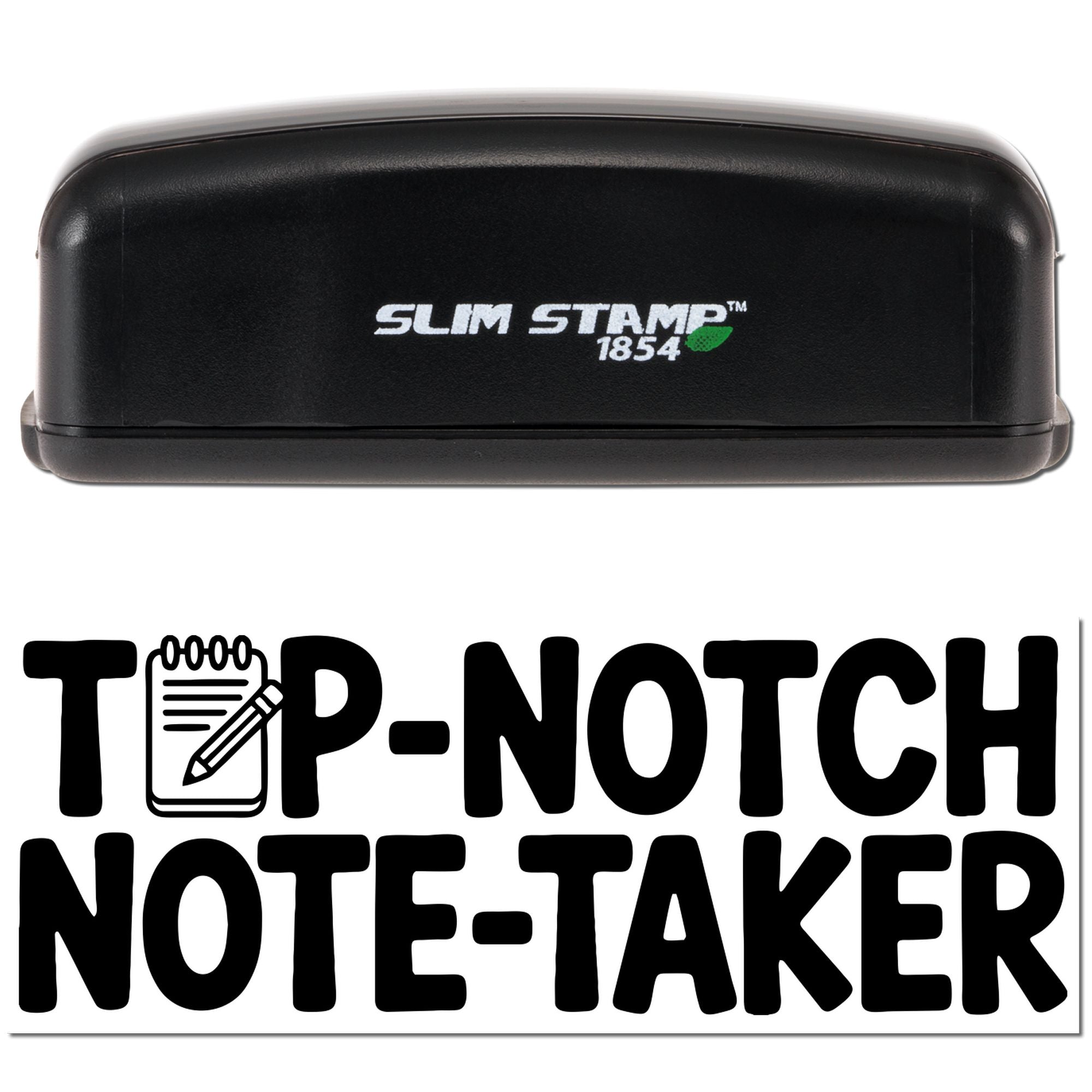 Black Slim Stamp 1854 stamp and seal product with green leaf logo above Top-Notch Note-Taker branding.