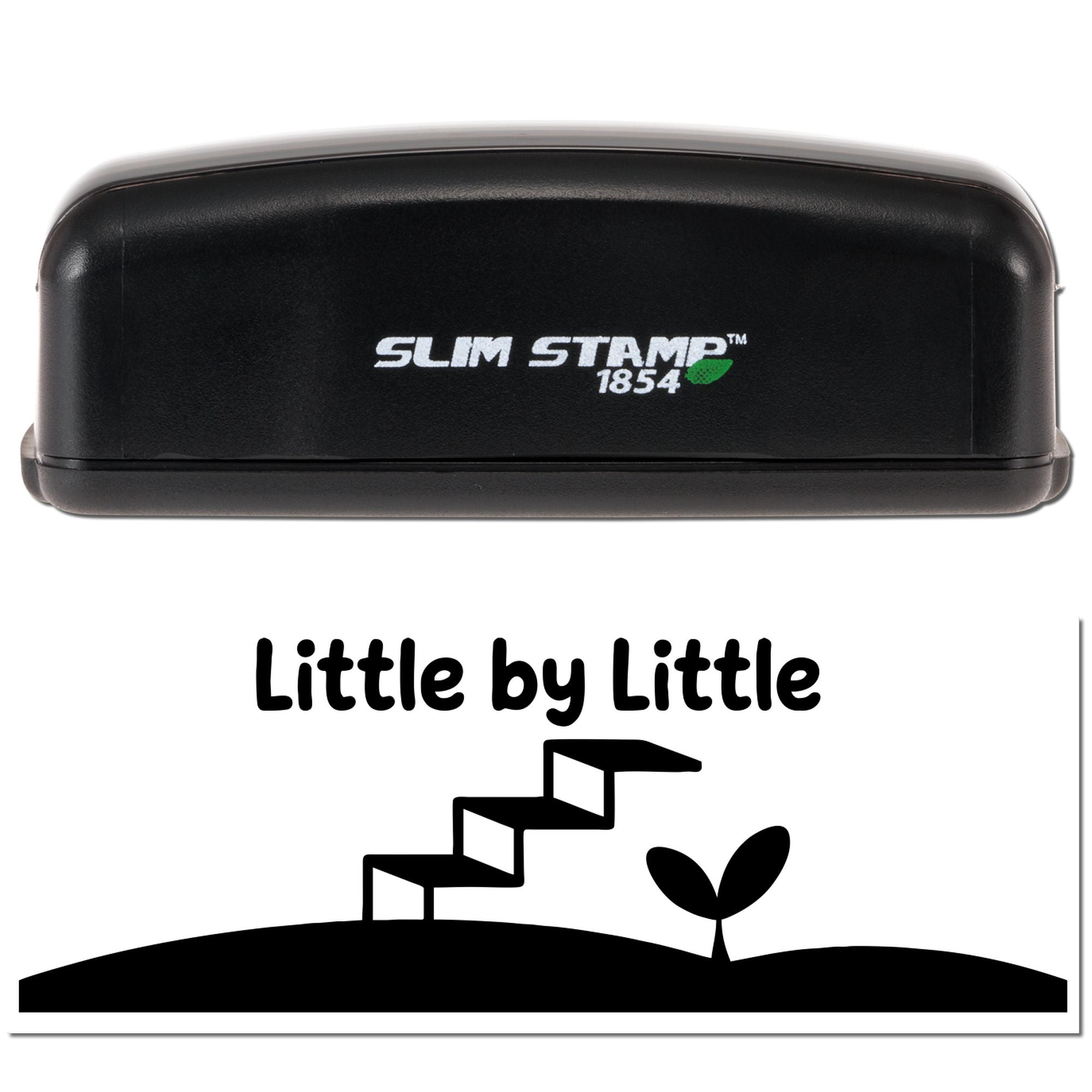 Black Slim Stamp 1854 stamp case above white seal card with Little by Little and black sprout-and-steps graphic.