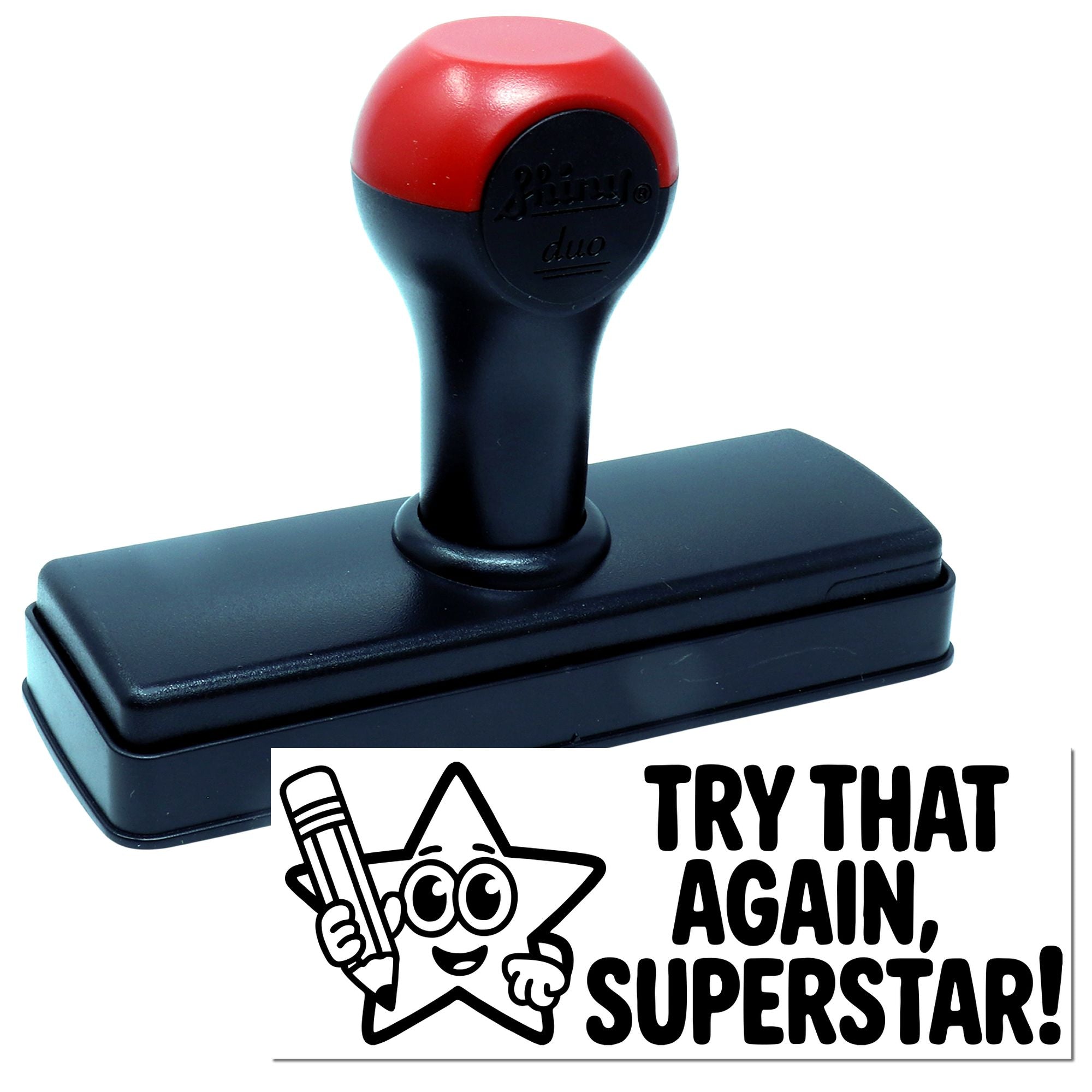 Red-and-black self-inking stamp and seal with star mascot and Try that again, superstar! text.