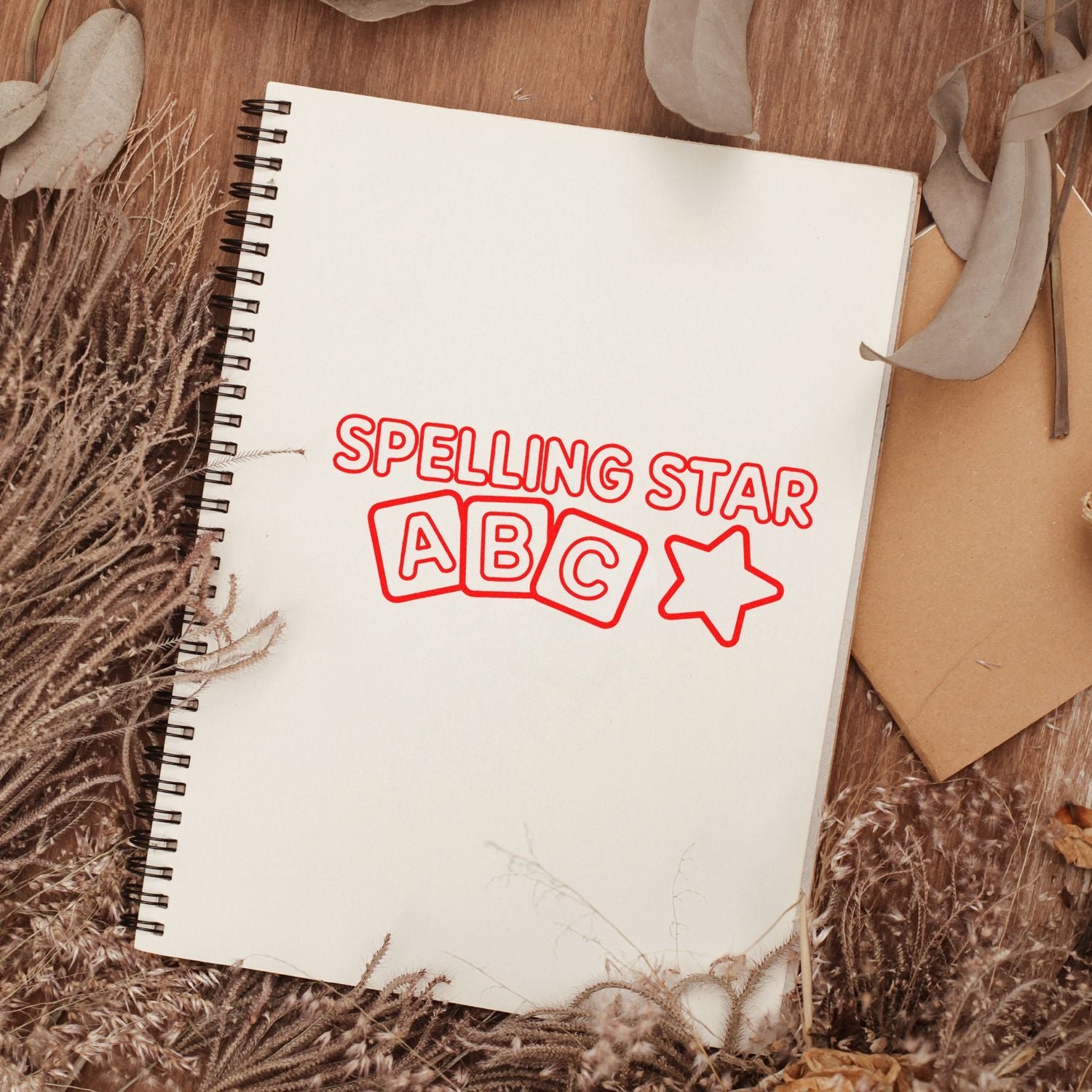 Red Spelling Star ABC stamp and seal design on a cream page, with star icon and dried florals on a warm brown background.