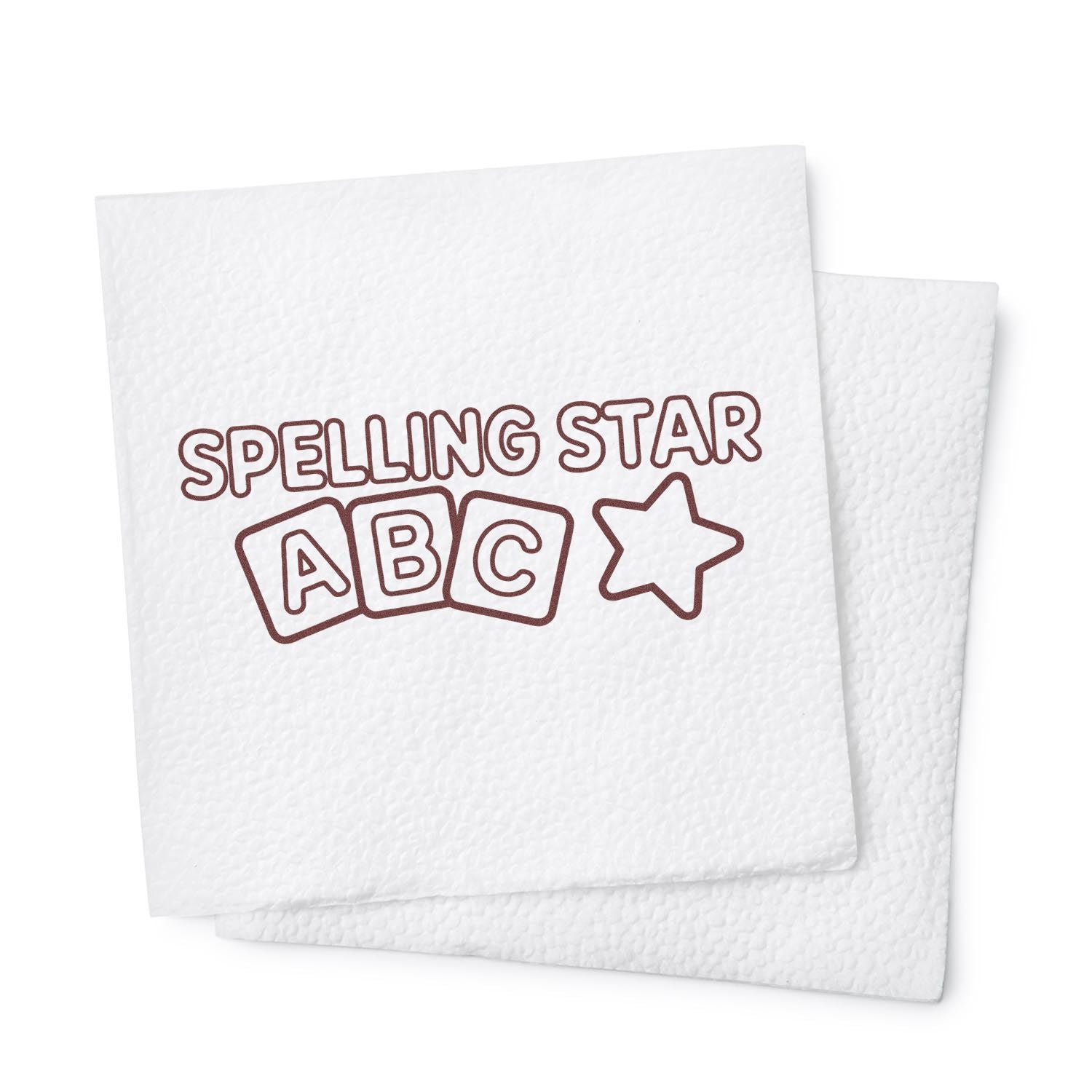 White textured stamp and seal products with maroon Spelling Star text, ABC blocks, and a star icon.