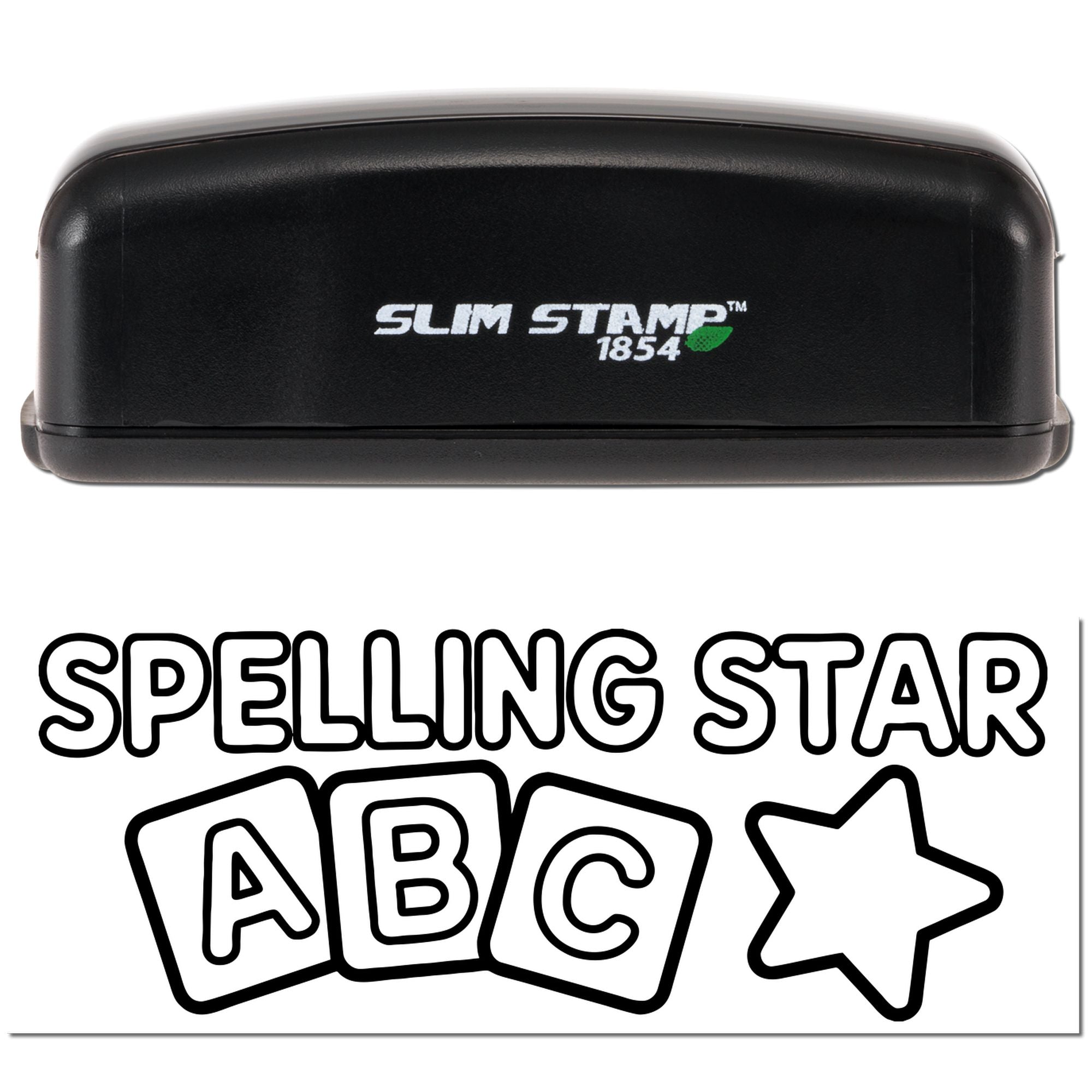 Black Slim Stamp 1854 stamp and seal with white logo, above Spelling Star ABC blocks and star outline.