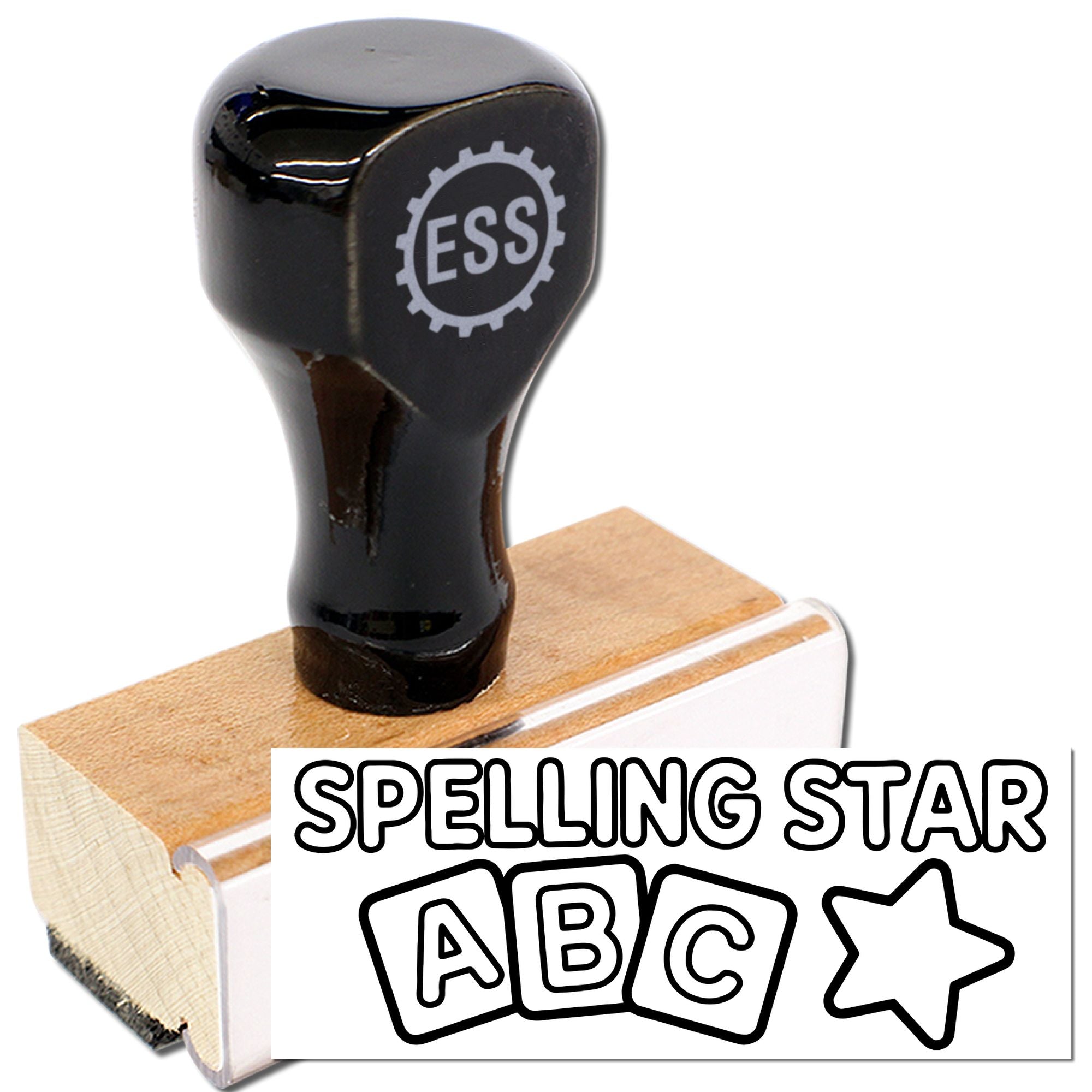 Black rubber stamp and seal with ESS logo, wooden base, and Spelling Star ABC star design.