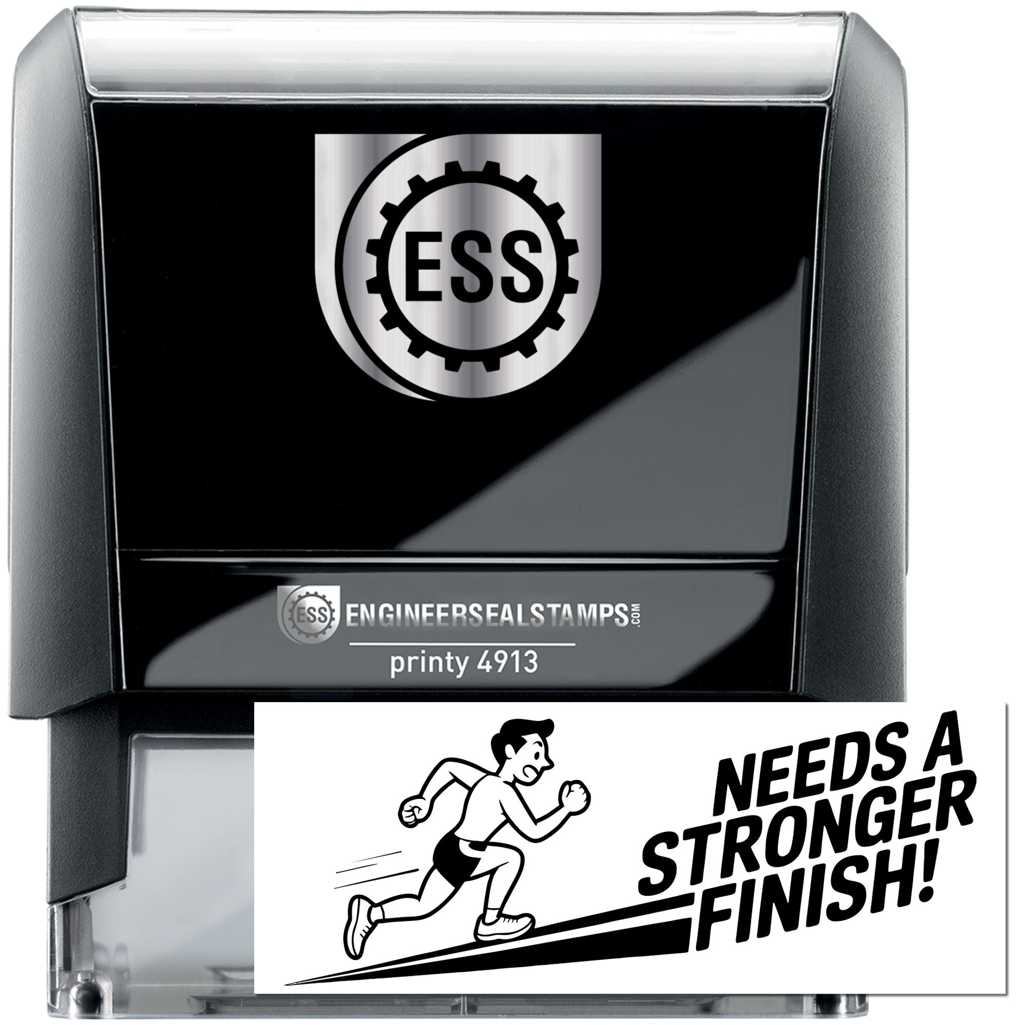 Black self-inking ESS engineer seal stamp, Printy 4913, with silver logo and Needs a Stronger Finish! imprint.