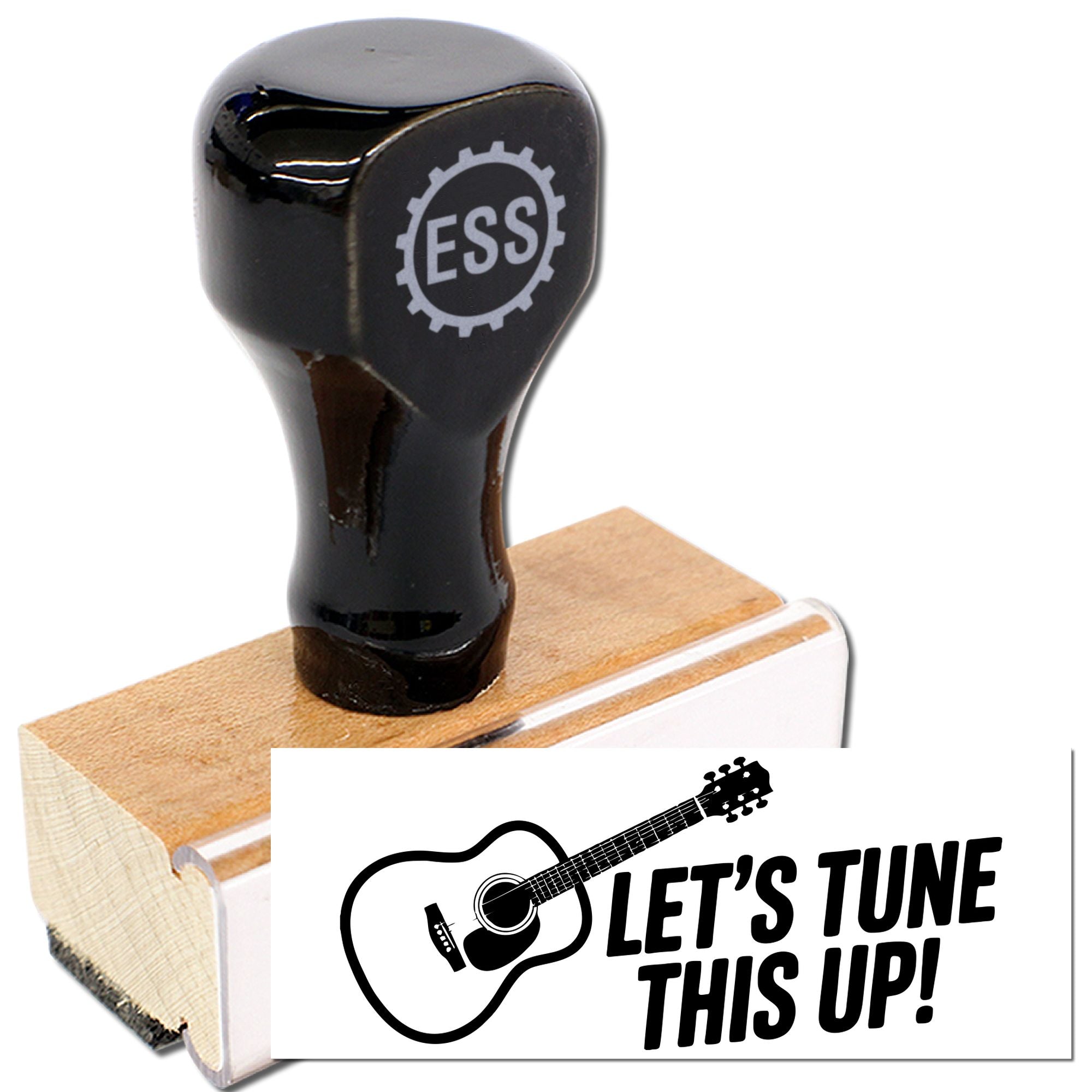 Black ESS rubber stamp and seal on wooden block, with guitar logo and Lets Tune This Up! text.