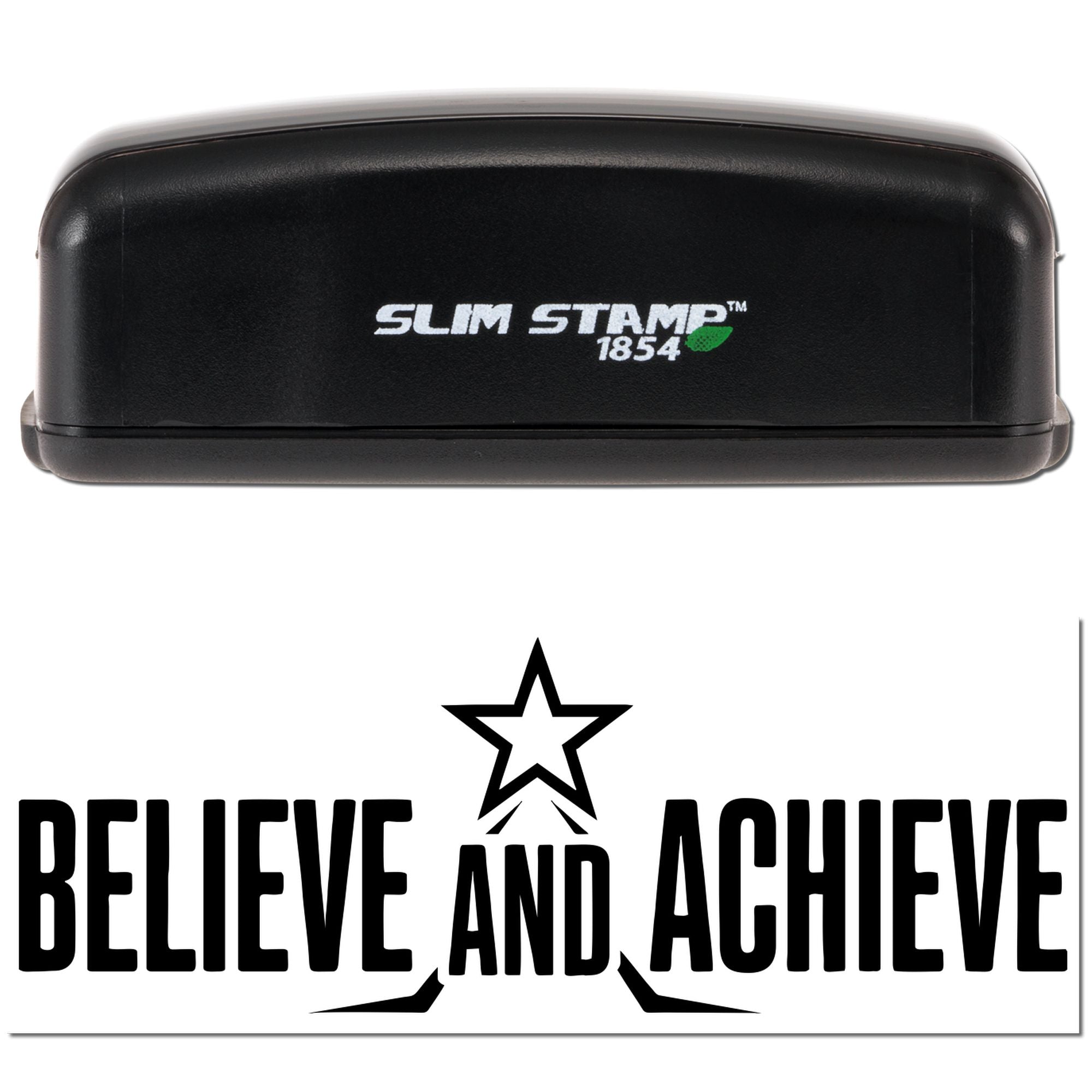 Black Slim Stamp 1854 self-inking stamp and seal with white logo and Believe and Achieve design.