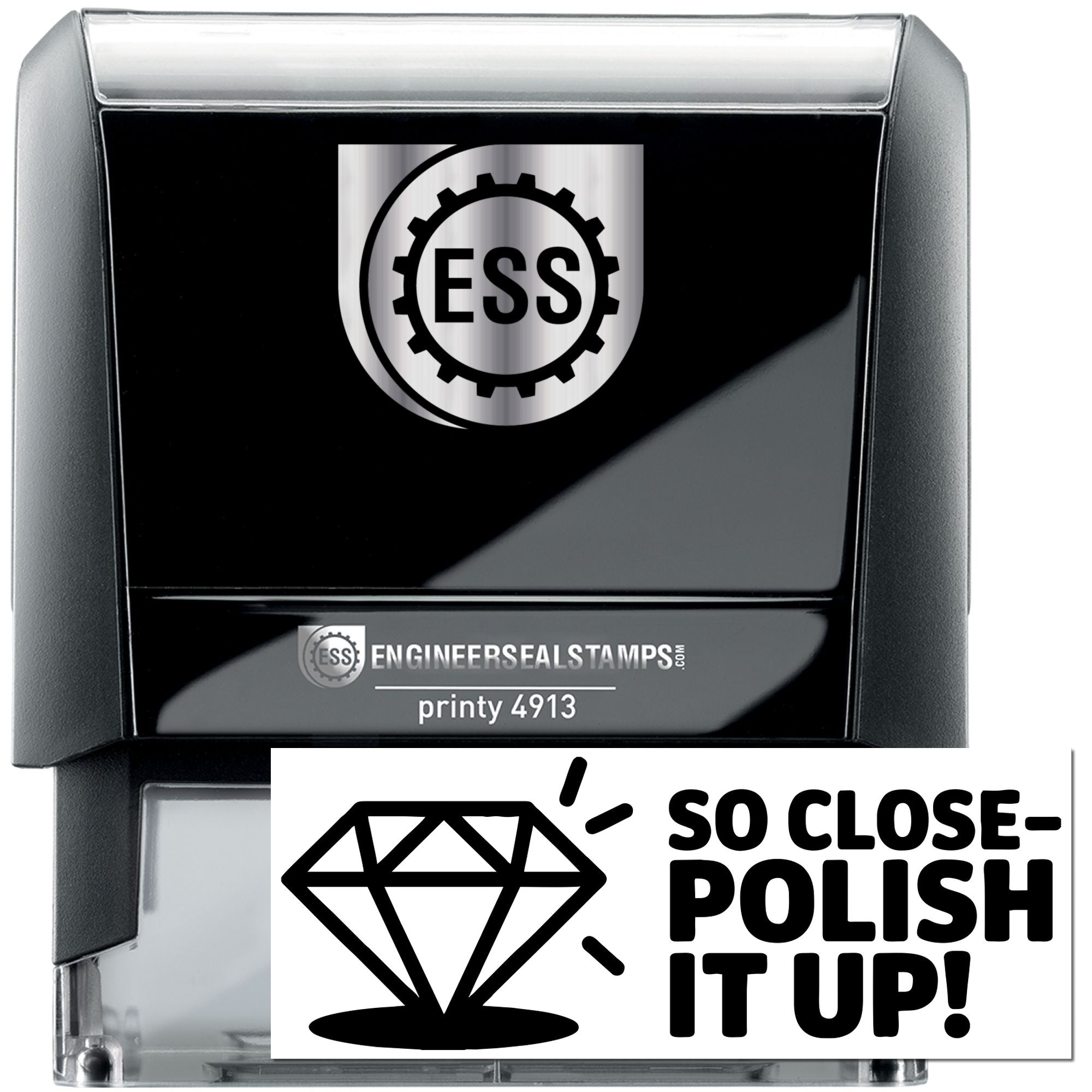 Black self-inking stamp and seal set with silver ESS logo, plus white seal card with black diamond and bold "SO CLOSEPOLISH IT UP!" text