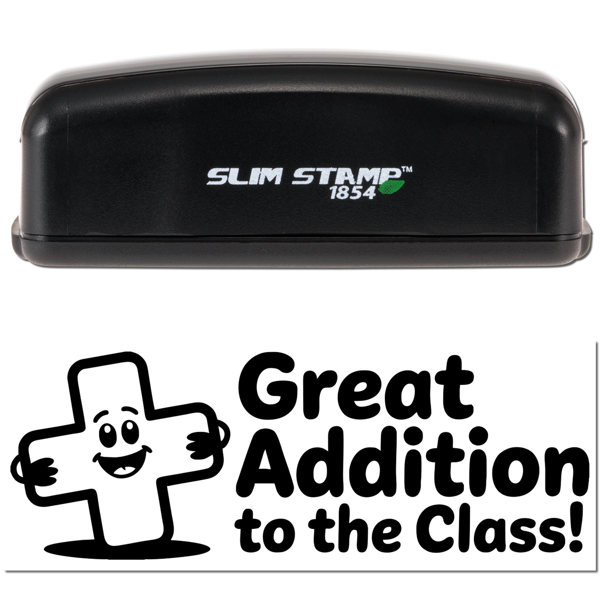 Black Slim Stamp 1854 stamp and seal set with black-and-white Great Addition to the Class! design and green accent