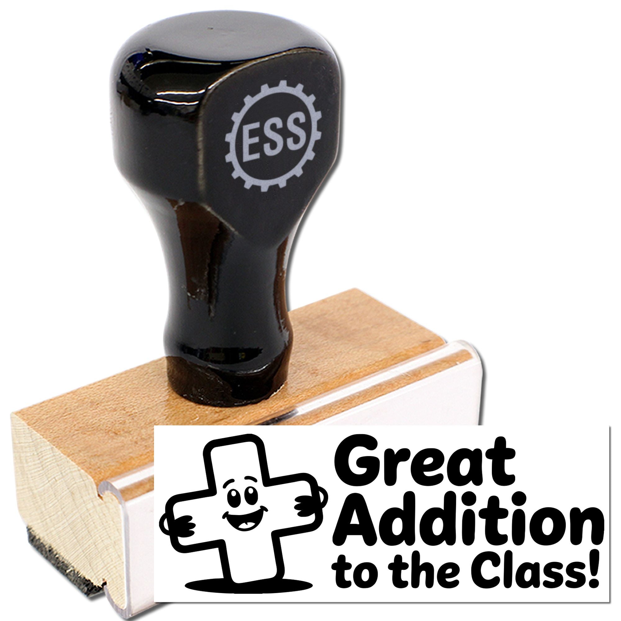 Black self-inking classroom stamp with wooden handle and Great Addition to the Class! seal on a white background.