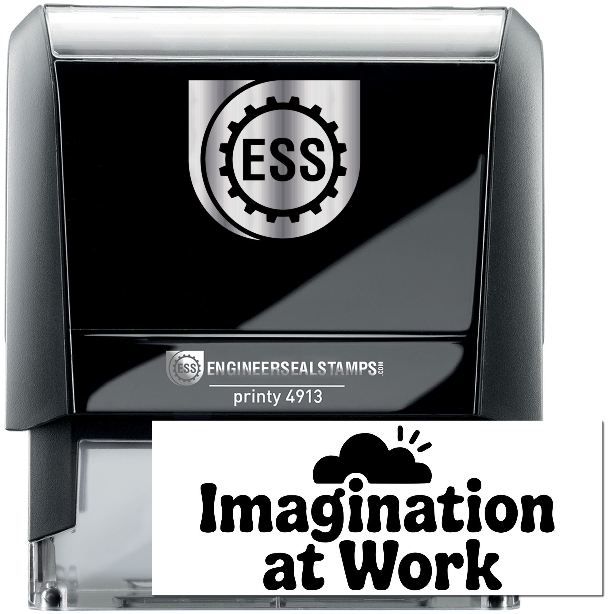 Black and silver EngineerSealStamps Printy 4913 stamp and seal with ESS logo and Imagination at Work design.