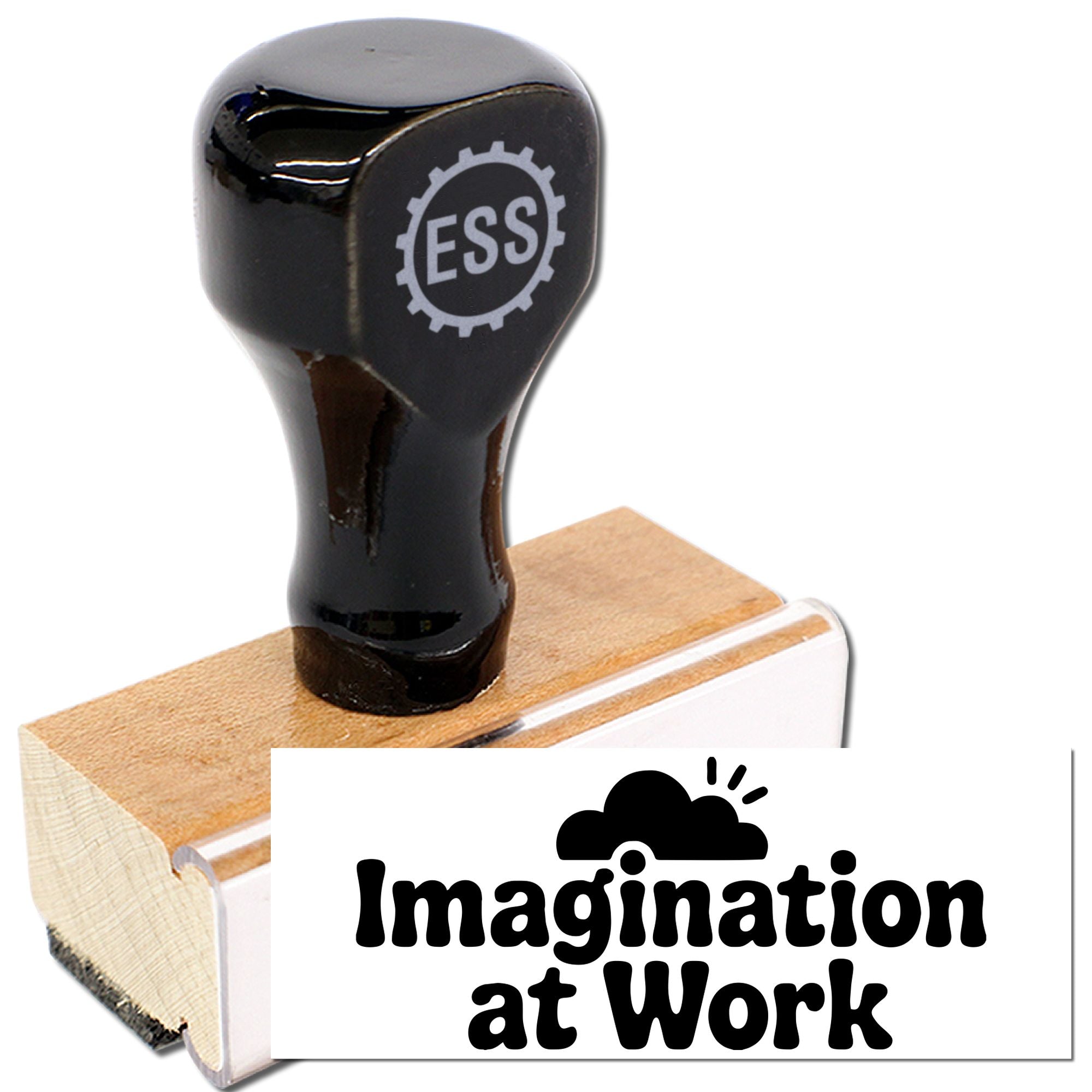 Black ESS self-inking stamp on wooden base with white seal reading Imagination at Work