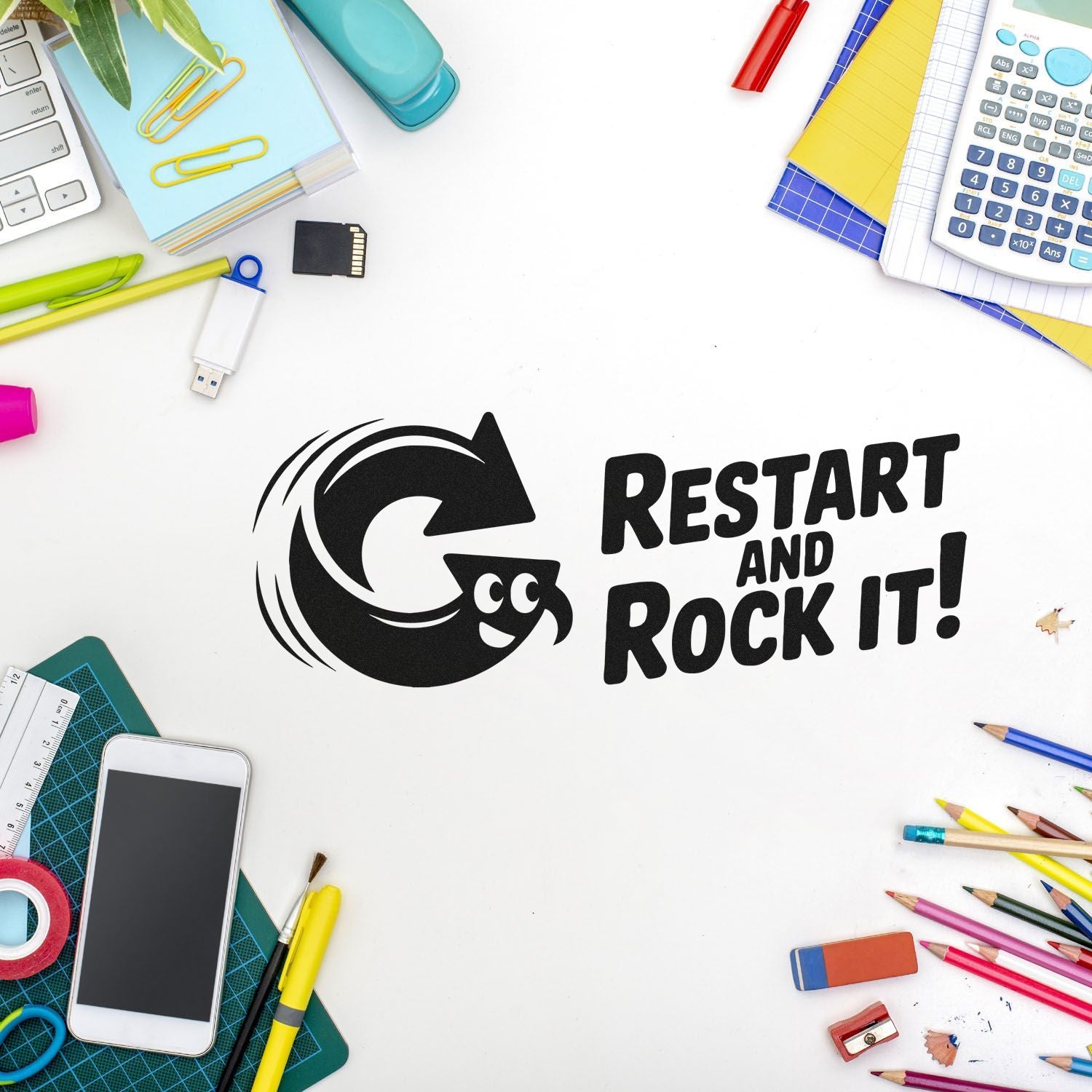 Black custom stamp seal with circular arrow and Restart and Rock It! on white desk, framed by colorful stationery.