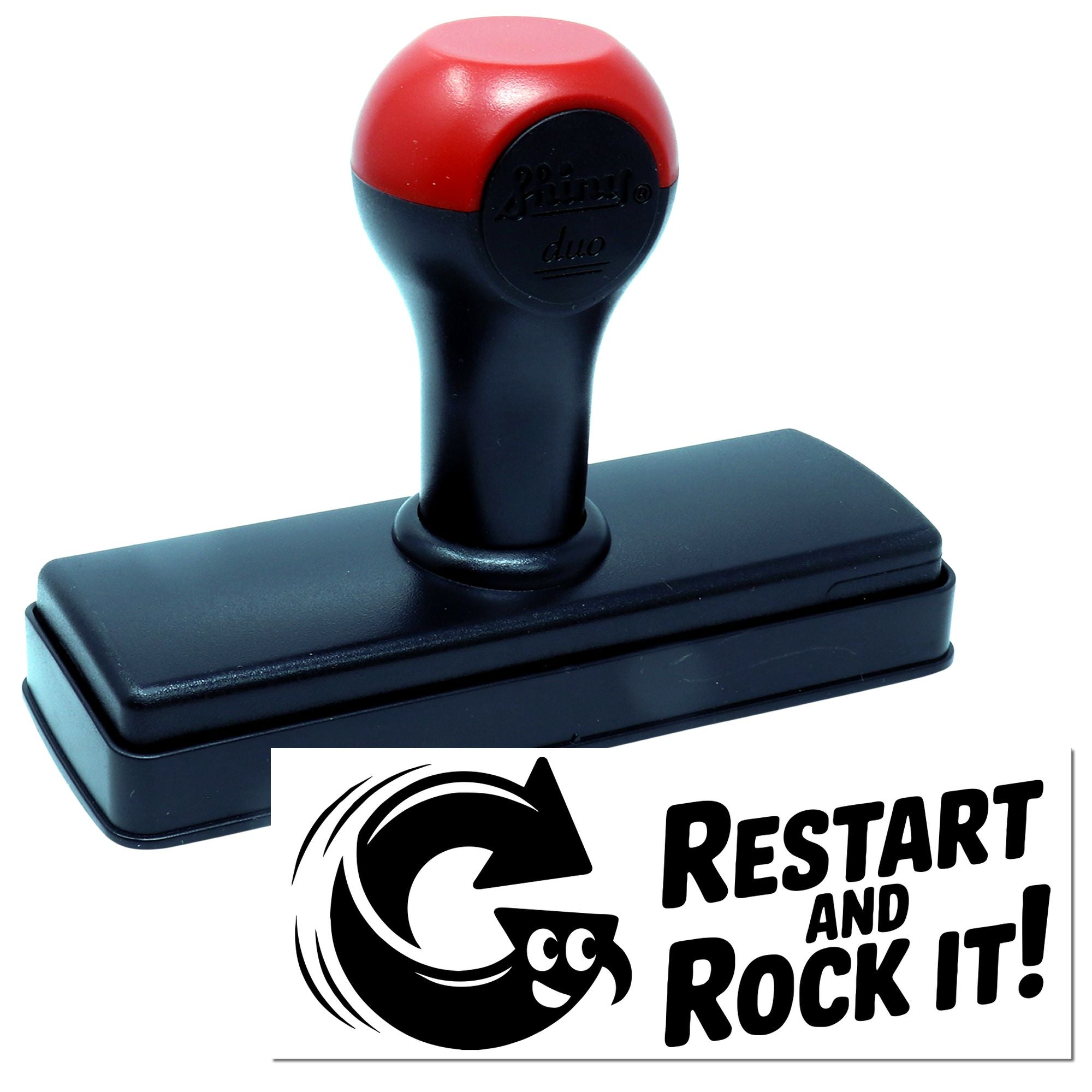Red and black self-inking stamp with Restart and Rock It! seal logo