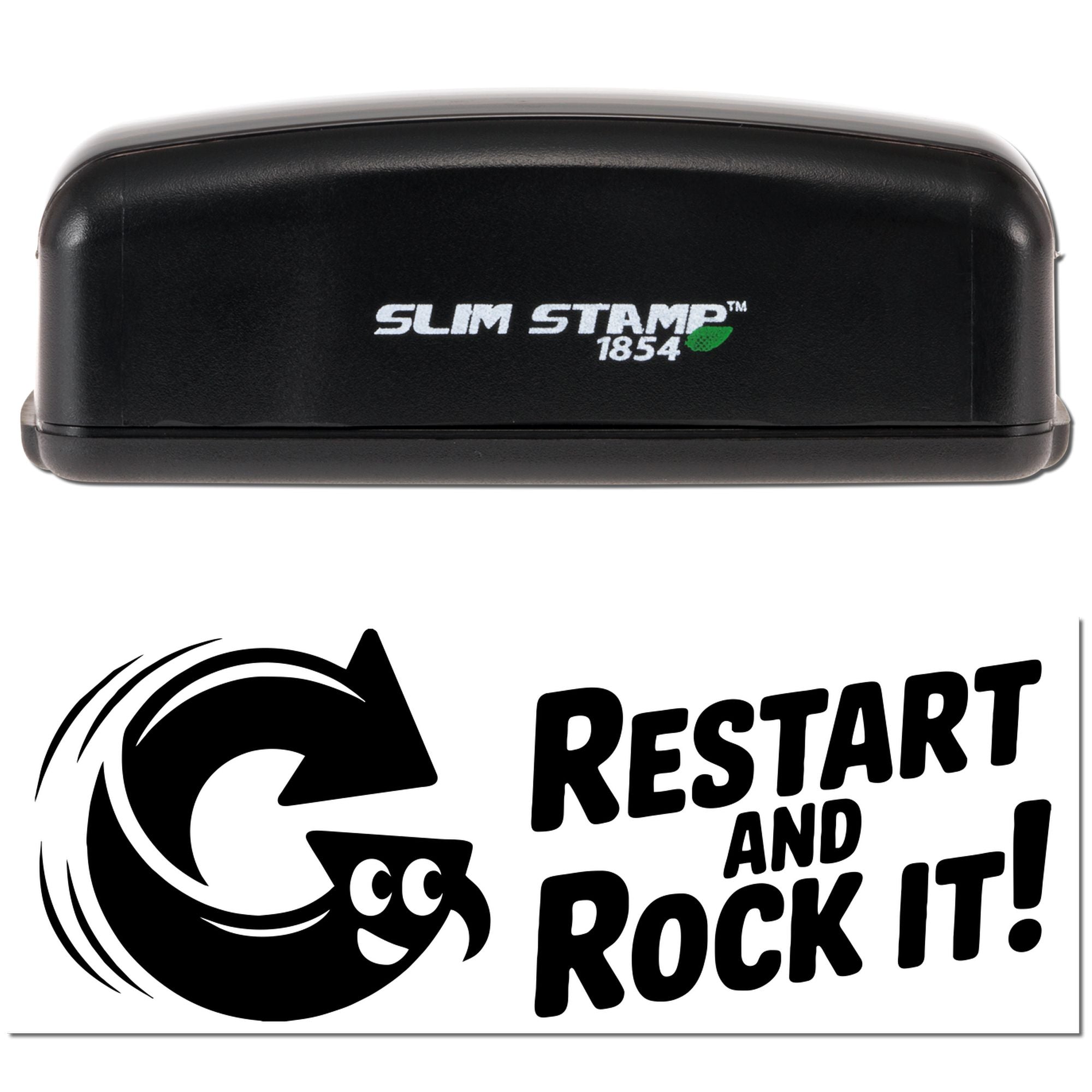 Black Slim Stamp 1854 self-inking stamp with green leaf logo and bold Restart and Rock It! seal design.
