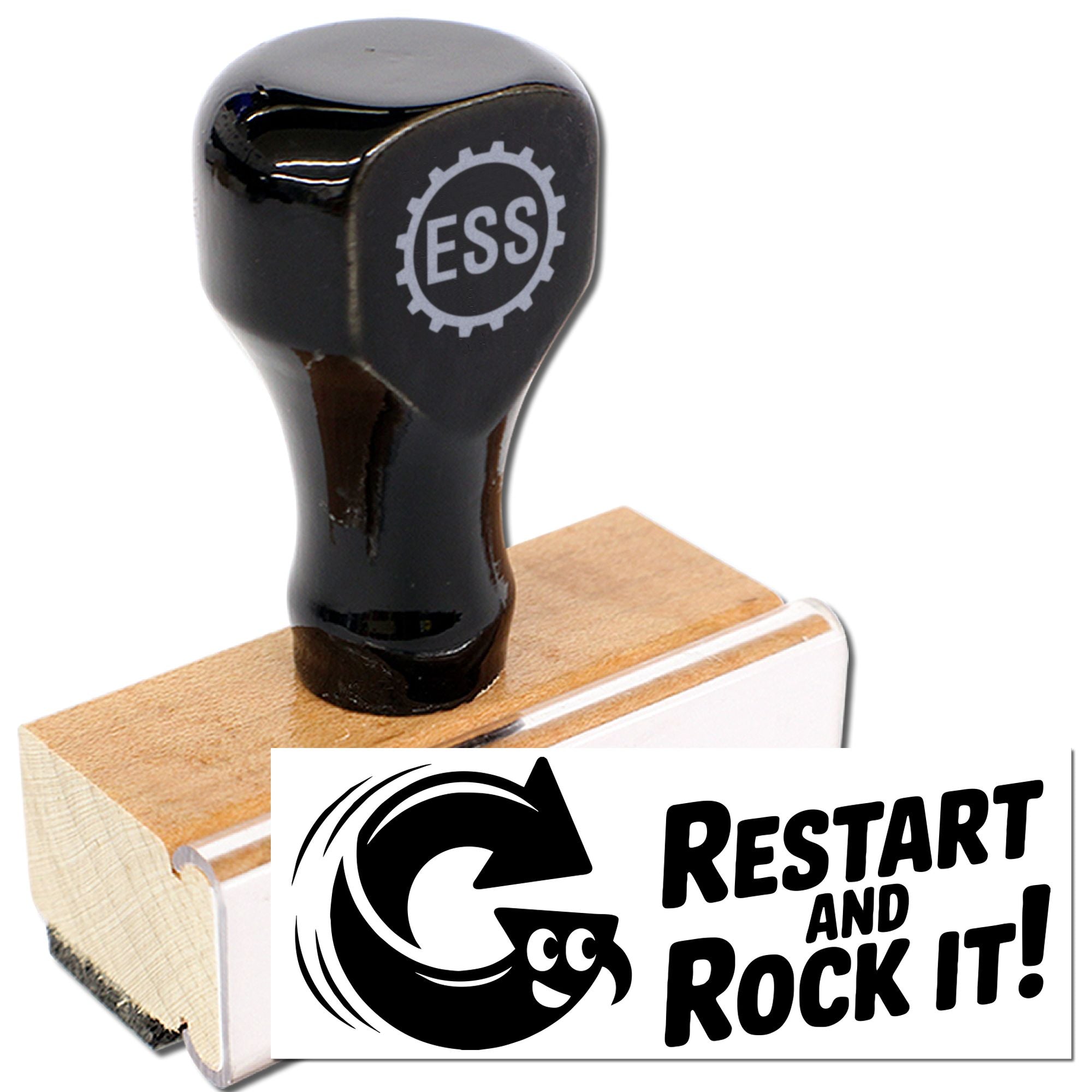 Black rubber stamp and seal on a wooden handle, featuring ESS logo and bold black-and-white Restart and Rock It! design.